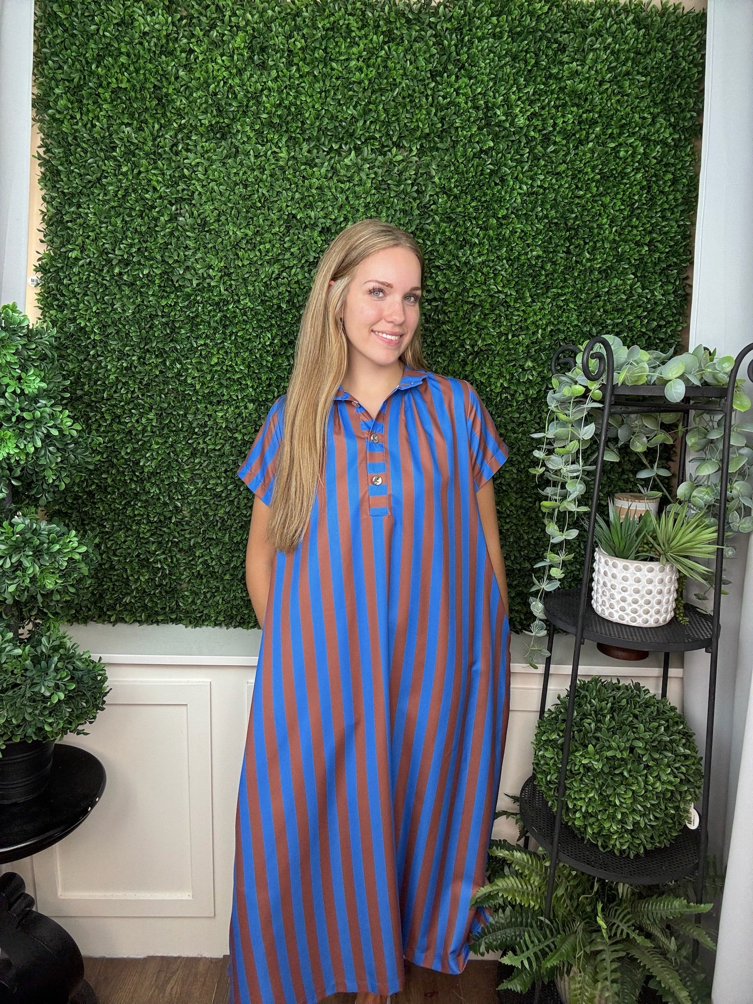 STAND HIGH NECK COLLAR BUTTON DOWN STRIPE MIDI DRESS - ROYAL