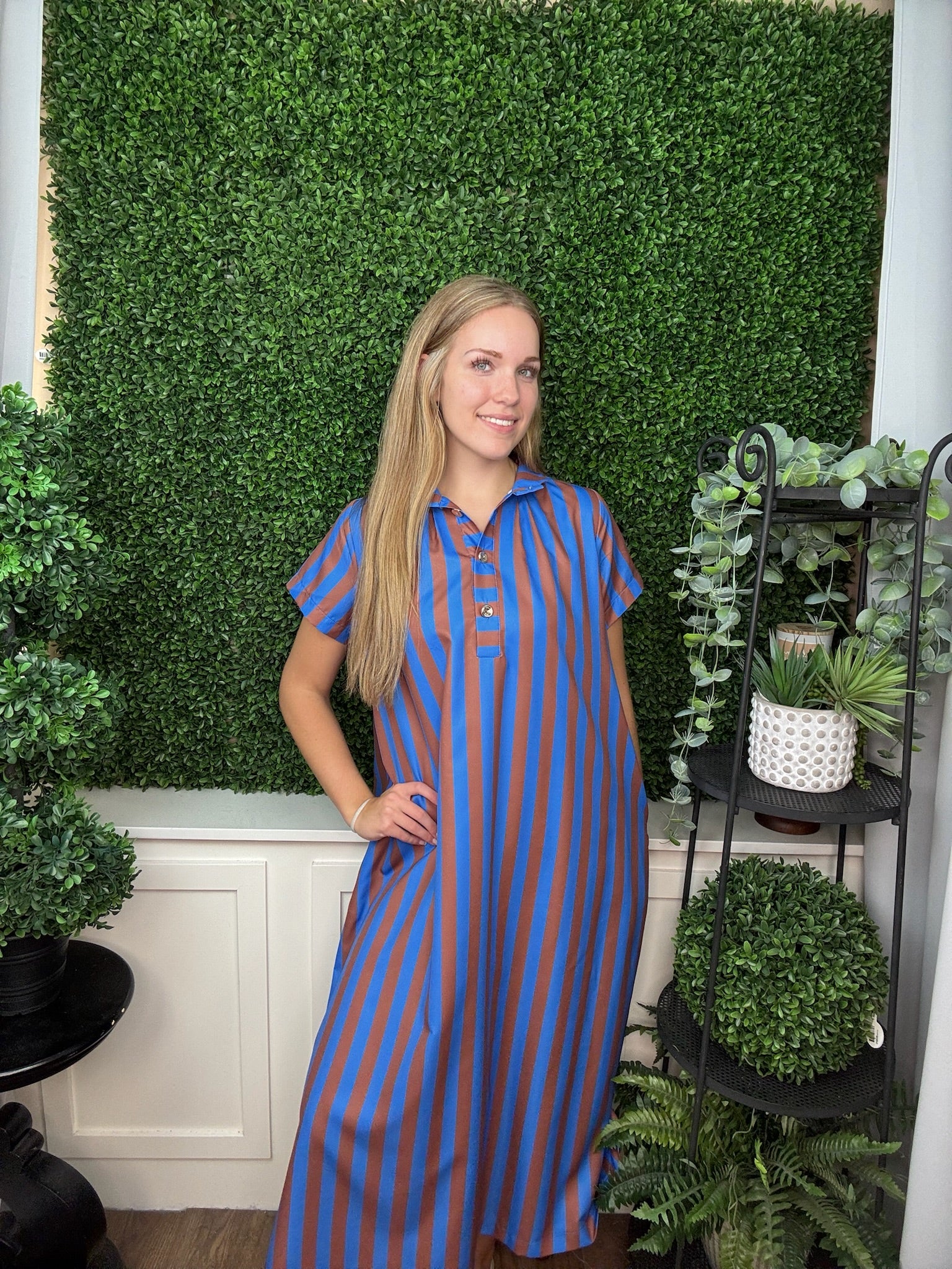 STAND HIGH NECK COLLAR BUTTON DOWN STRIPE MIDI DRESS - ROYAL