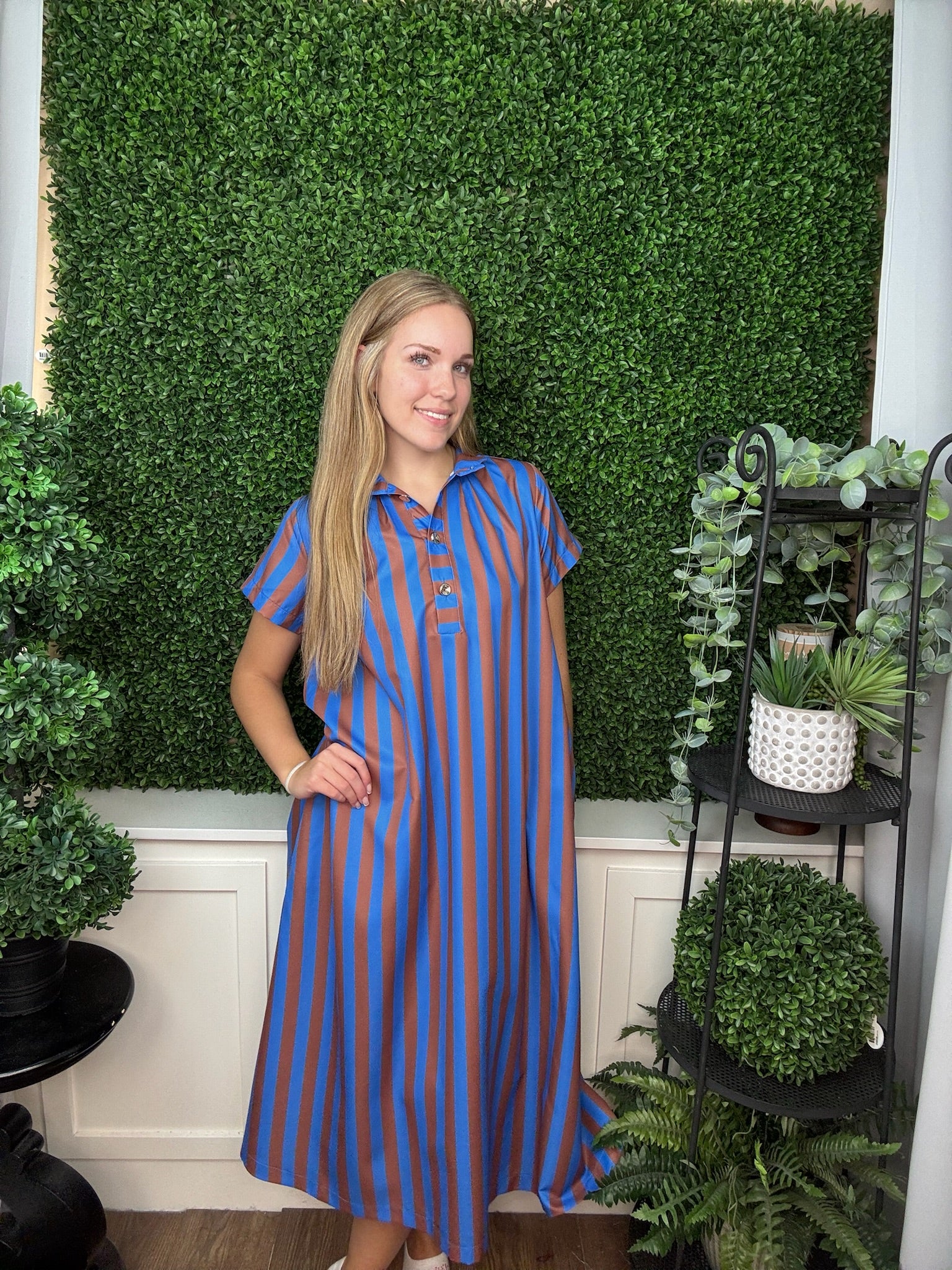 STAND HIGH NECK COLLAR BUTTON DOWN STRIPE MIDI DRESS - ROYAL