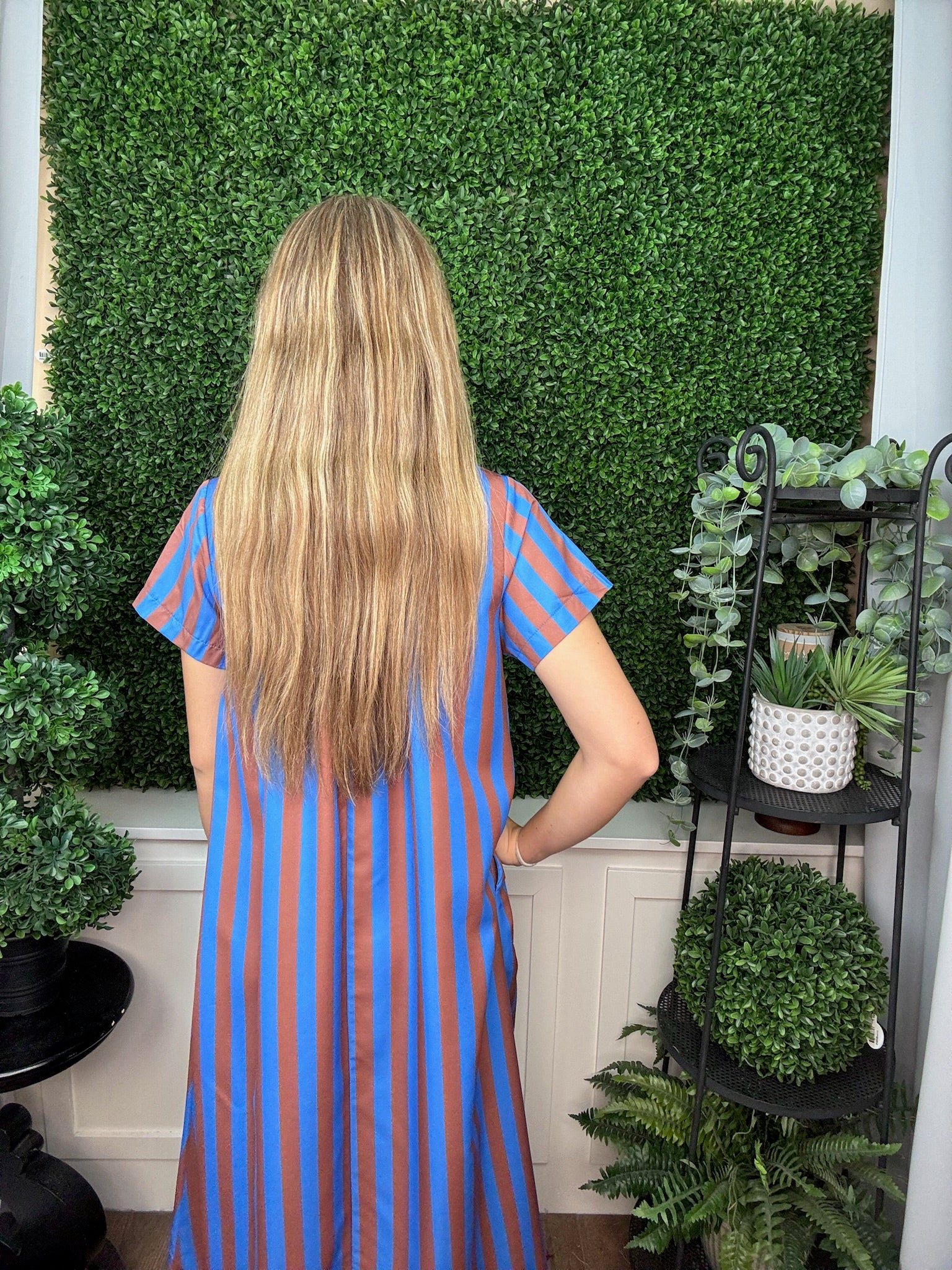 STAND HIGH NECK COLLAR BUTTON DOWN STRIPE MIDI DRESS - ROYAL