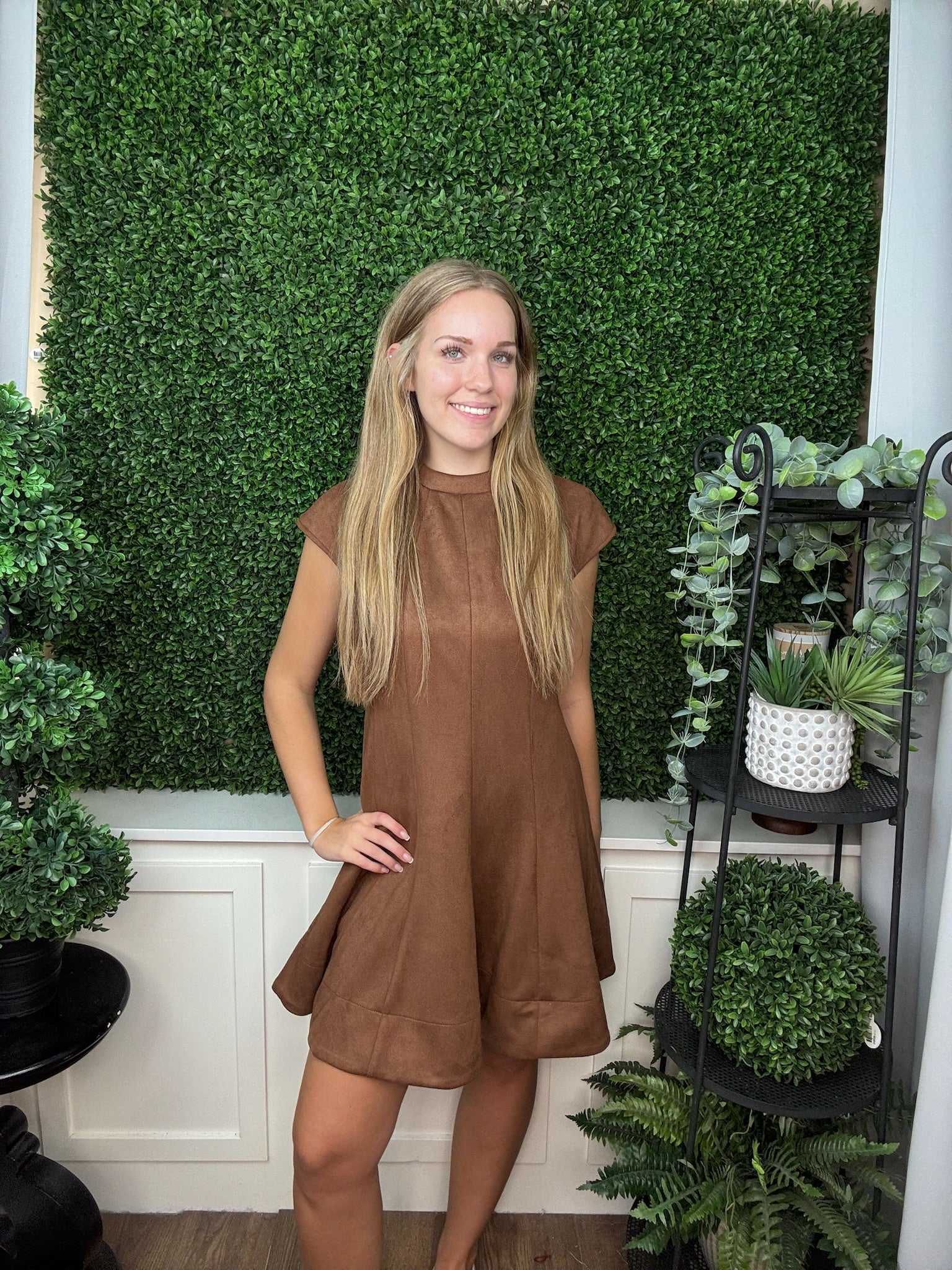 High Neck Cap Sleeve Fit & Flare Faux Suede Dress - Brown