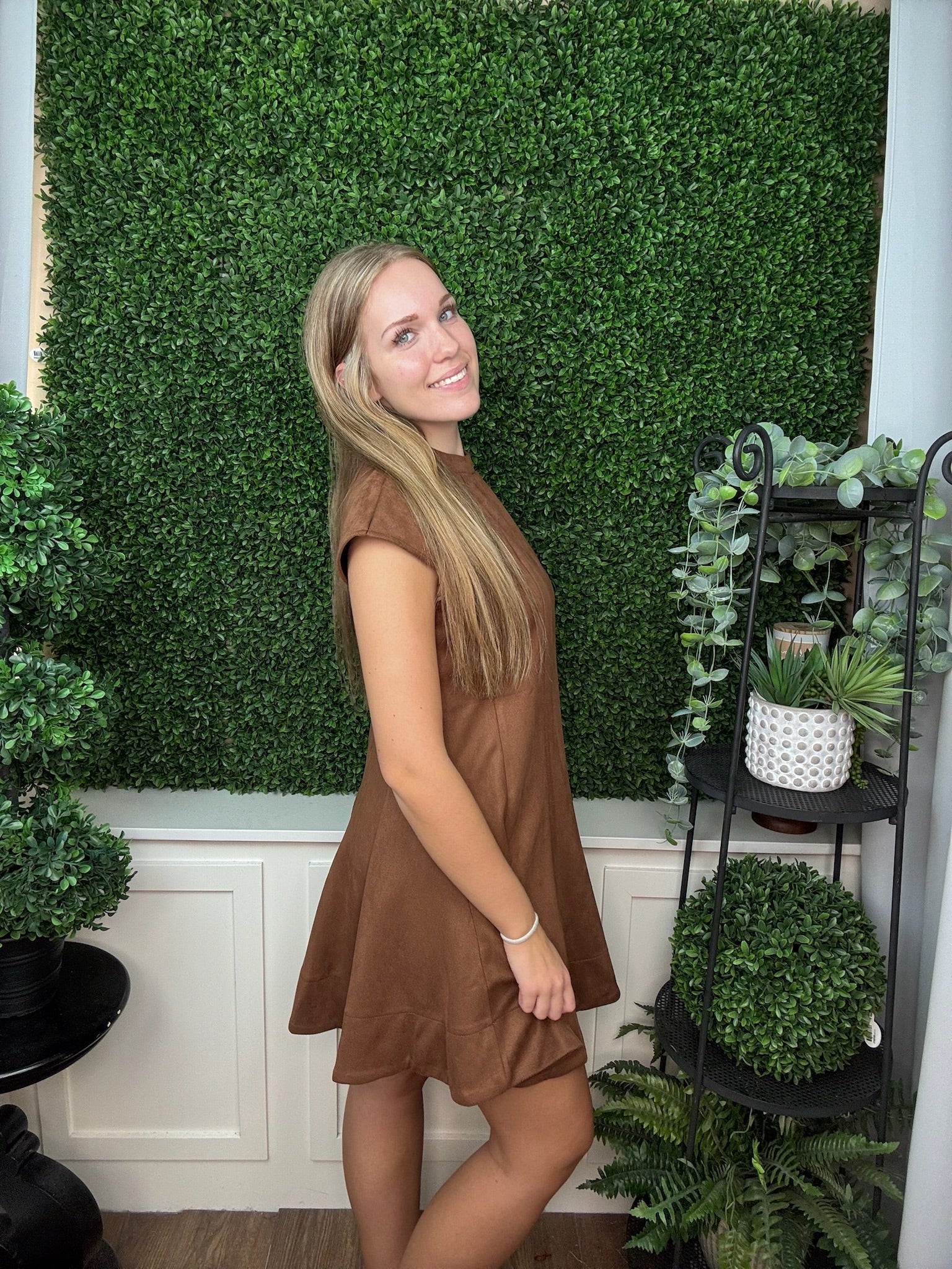 High Neck Cap Sleeve Fit & Flare Faux Suede Dress - Brown