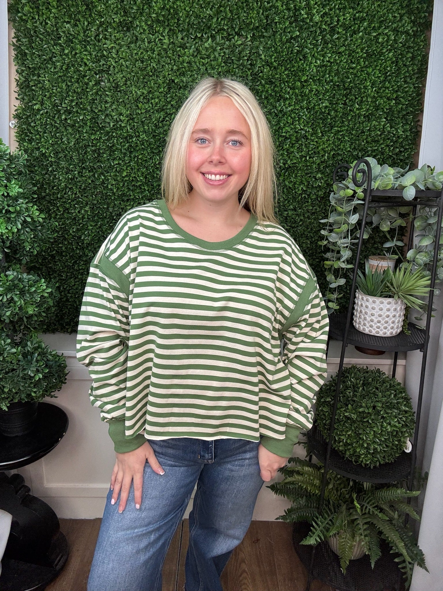 STRIPED CREW NECK LONG SLEEVE TOP - GREEN