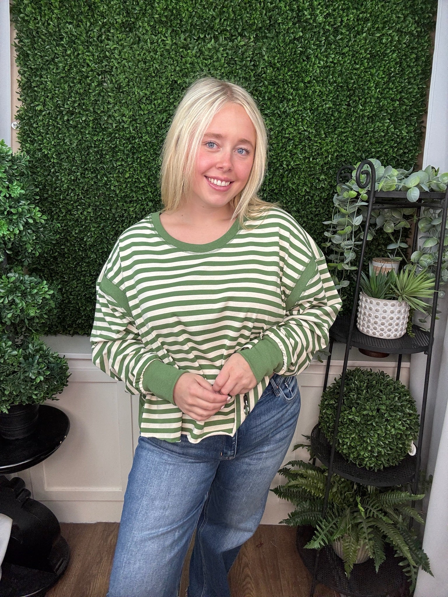 STRIPED CREW NECK LONG SLEEVE TOP - GREEN
