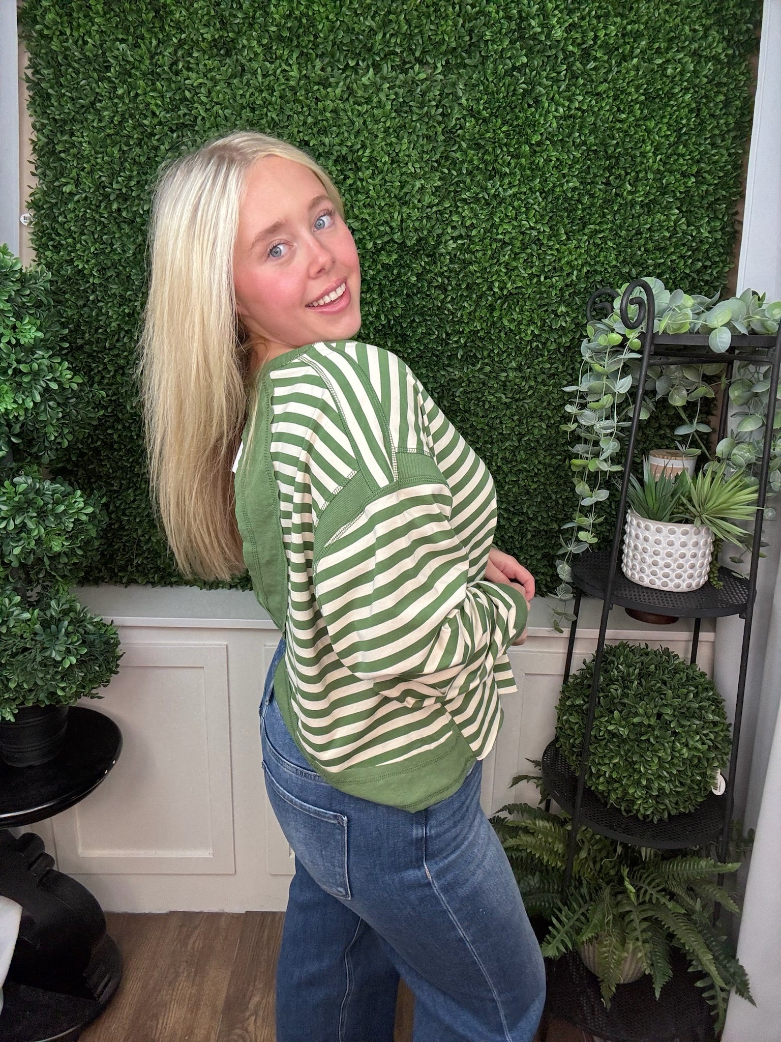 STRIPED CREW NECK LONG SLEEVE TOP - GREEN