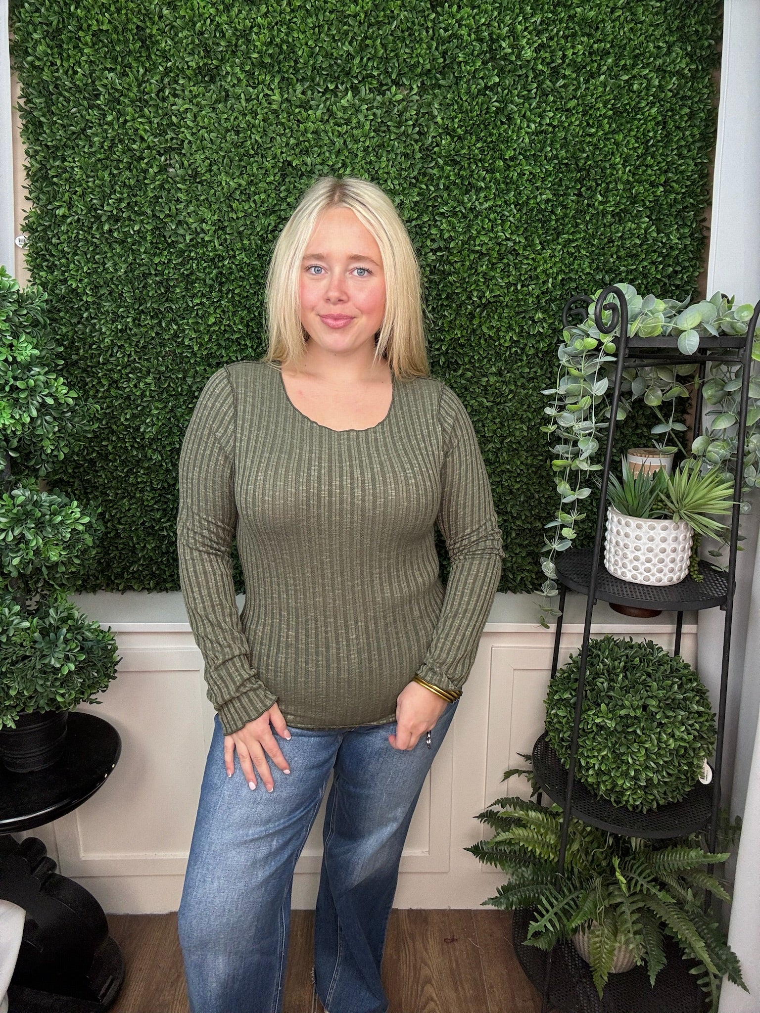 LONG SLEEVE FASHION TOP - MOCHA MOUSSE/OLIVE