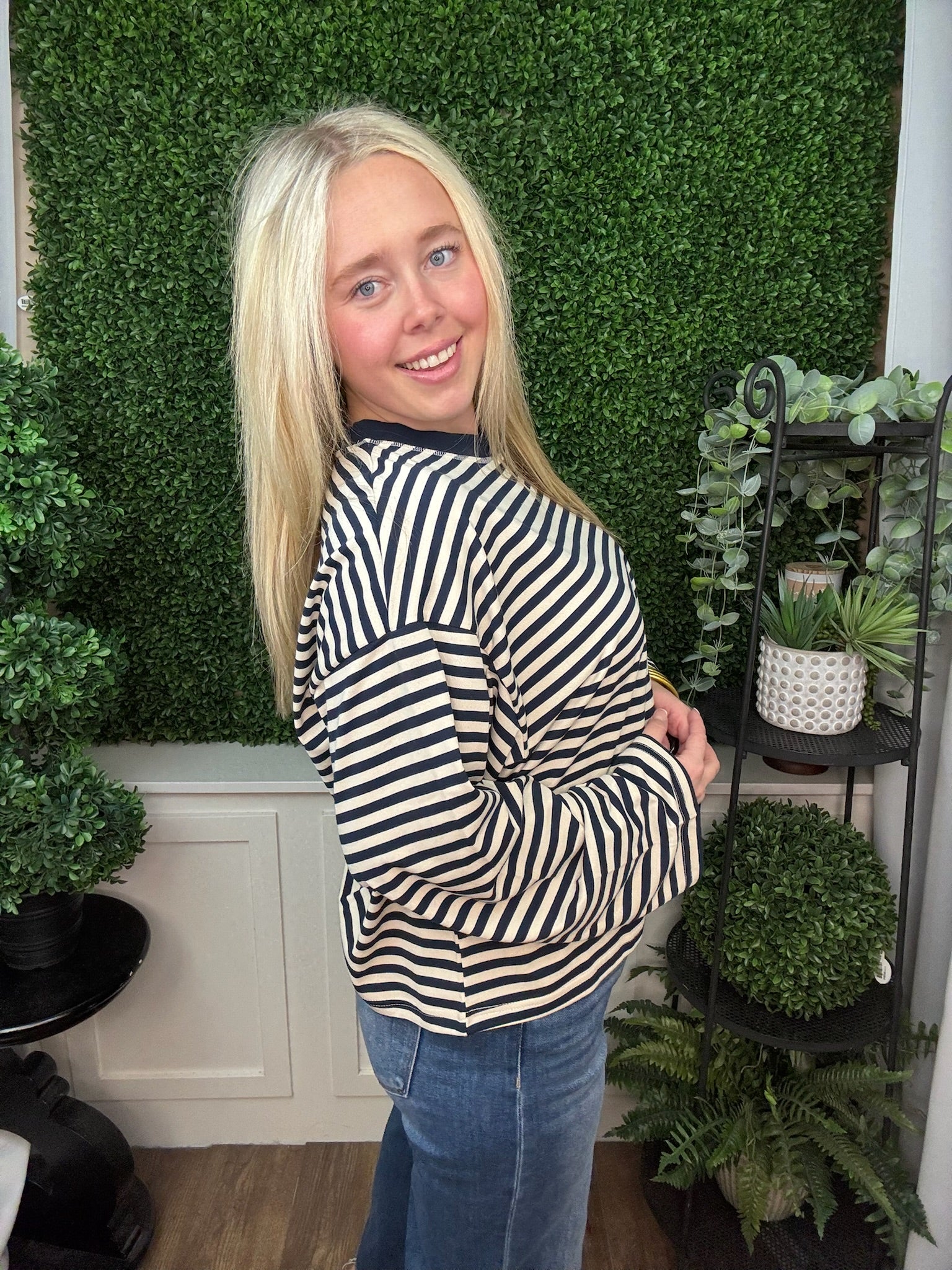 STRIPED CONTRAST TRIM LONG SLEEVE SWEATER TOP - BLUE MULTI/ BURGUNDY MULTI/ NAVY MULTI