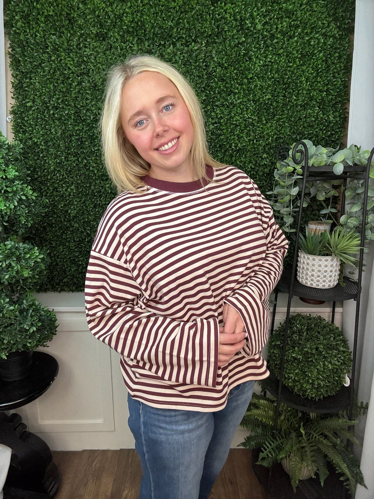 STRIPED CONTRAST TRIM LONG SLEEVE SWEATER TOP - BLUE MULTI/ BURGUNDY MULTI/ NAVY MULTI