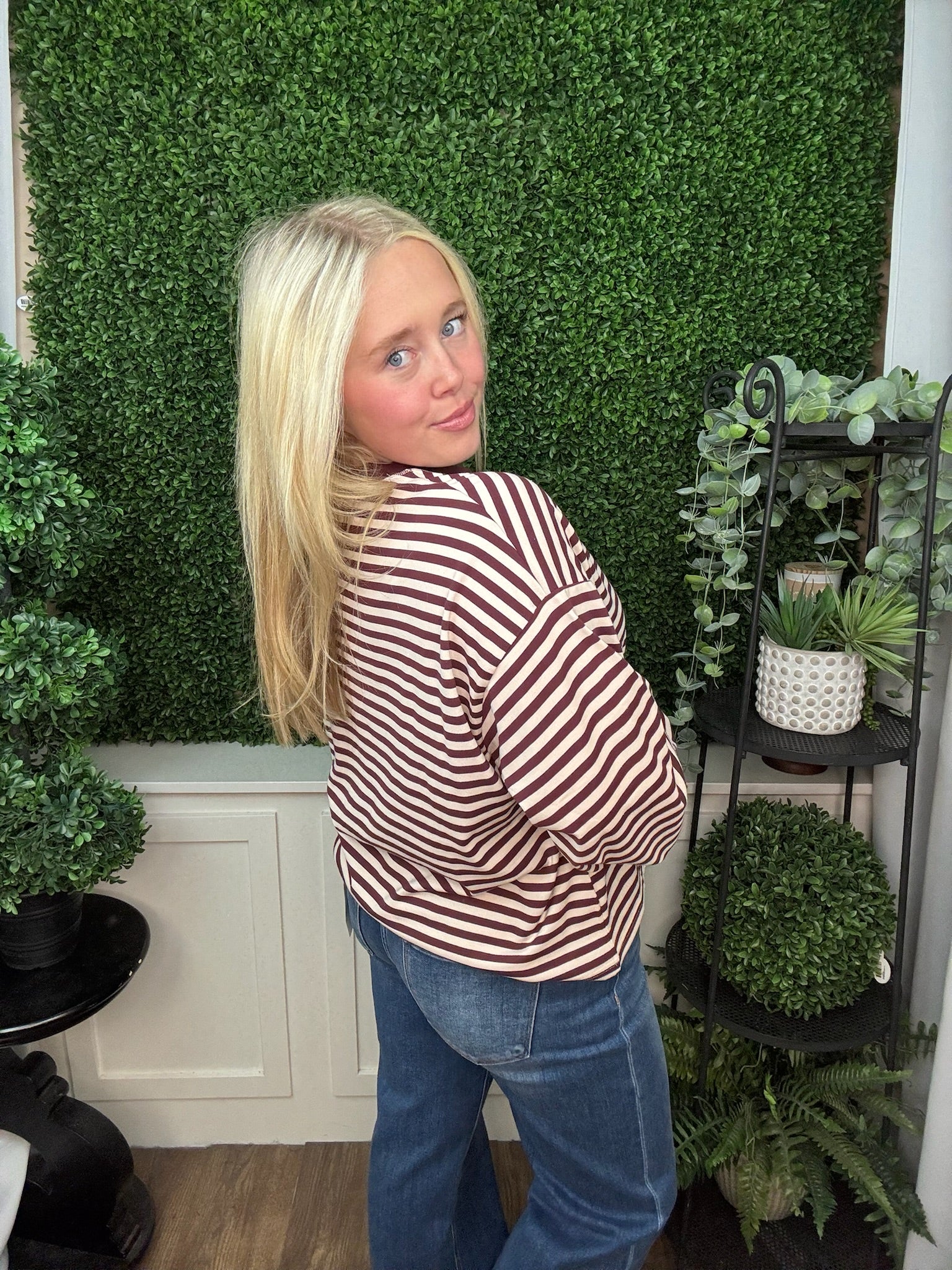 STRIPED CONTRAST TRIM LONG SLEEVE SWEATER TOP - BLUE MULTI/ BURGUNDY MULTI/ NAVY MULTI