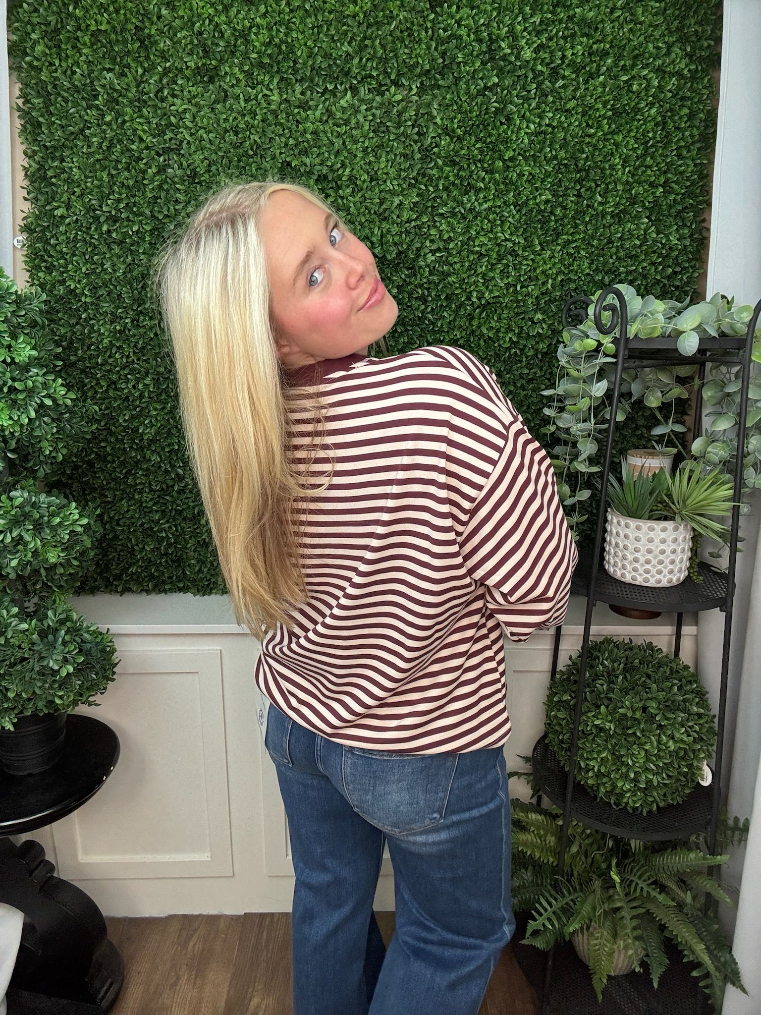 STRIPED CONTRAST TRIM LONG SLEEVE SWEATER TOP - BLUE MULTI/ BURGUNDY MULTI/ NAVY MULTI