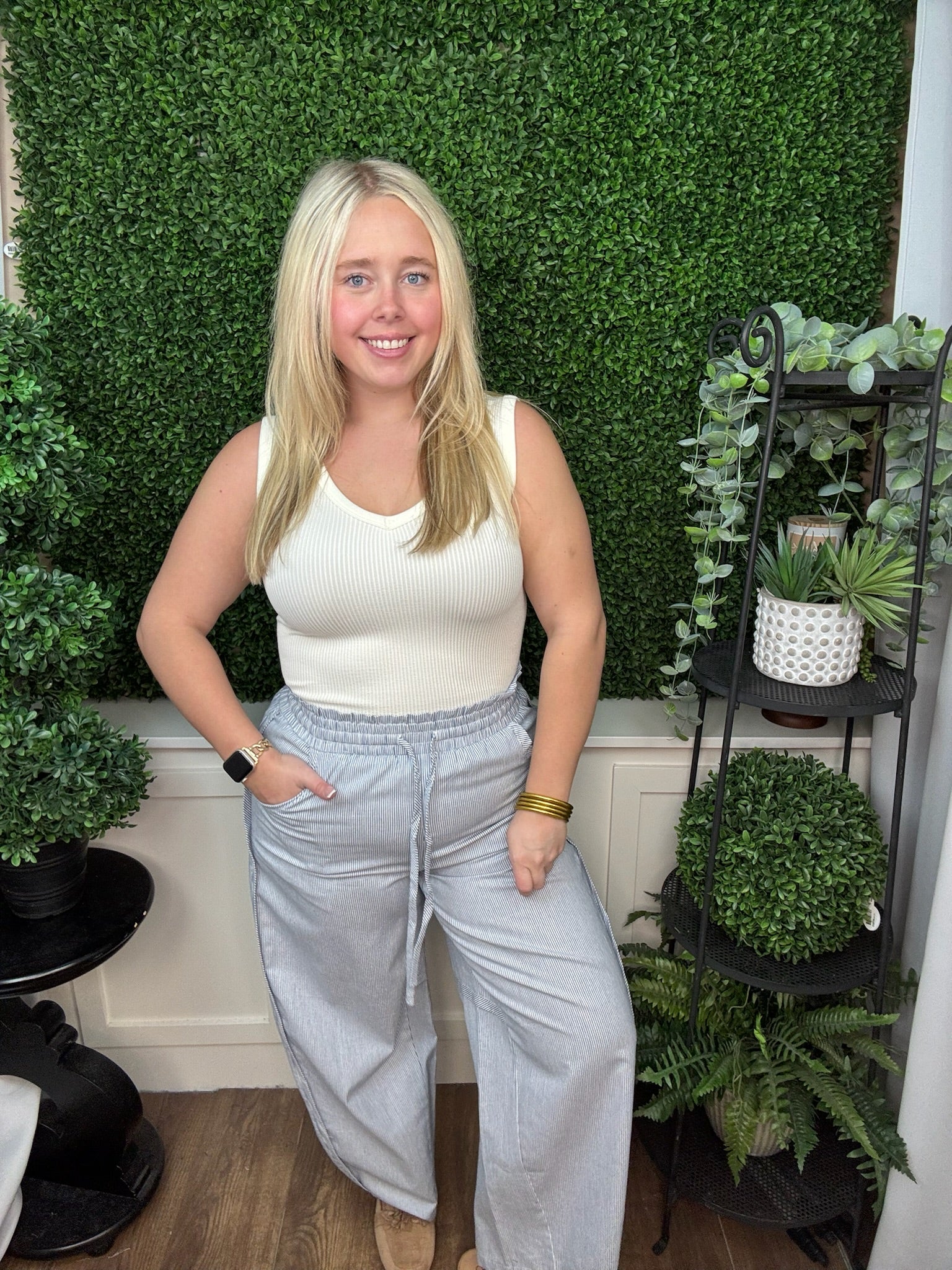 Blue Stripe Drawstring Wide-Leg Pants