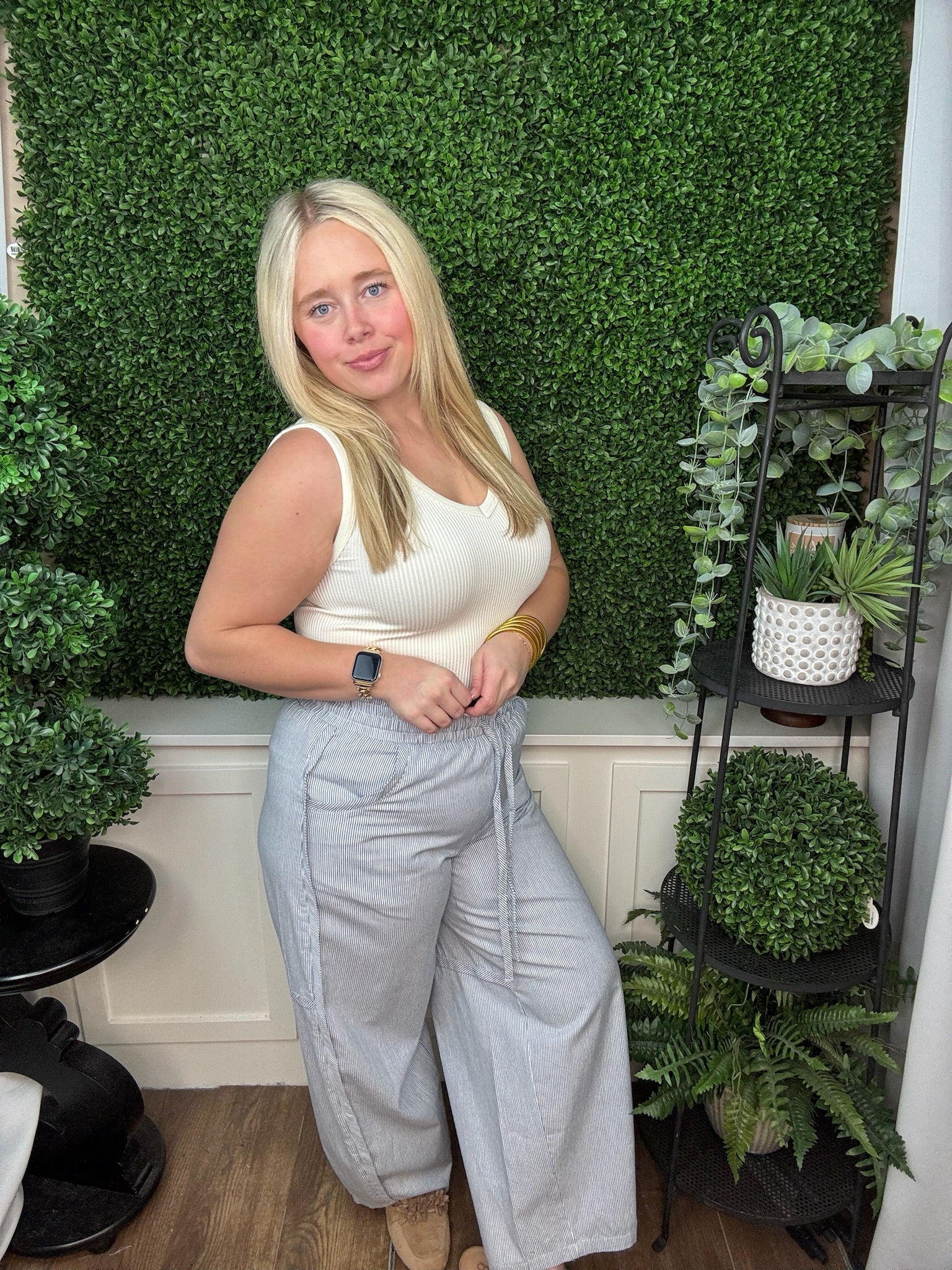 Blue Stripe Drawstring Wide-Leg Pants