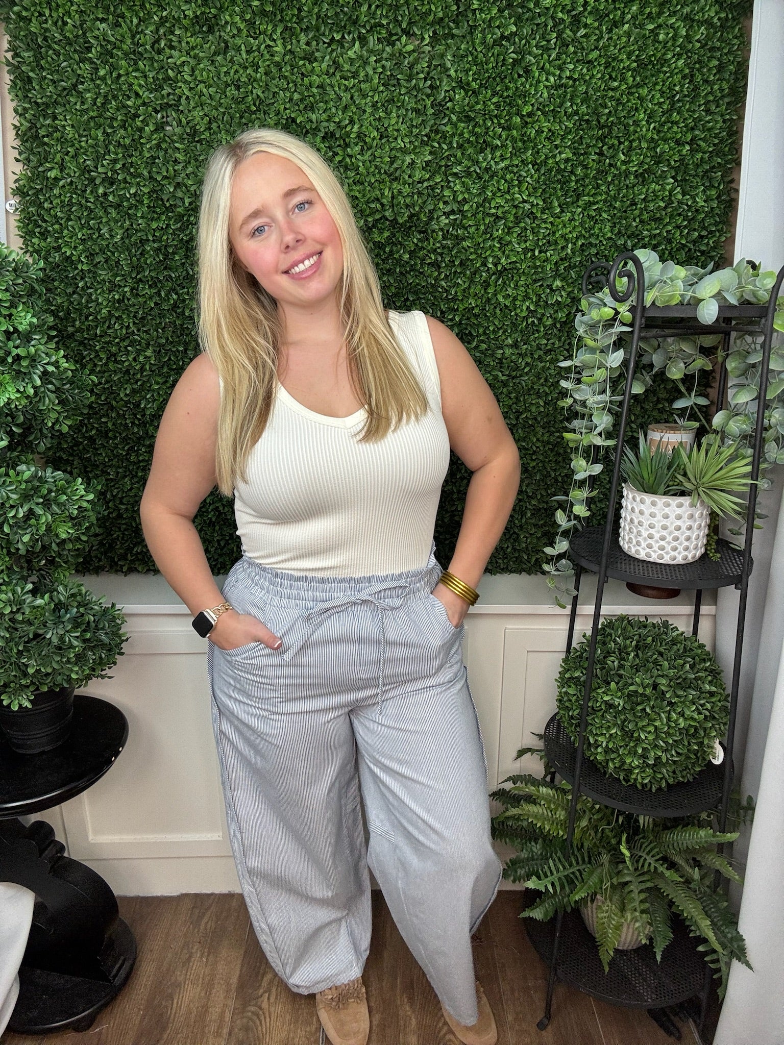 Blue Stripe Drawstring Wide-Leg Pants