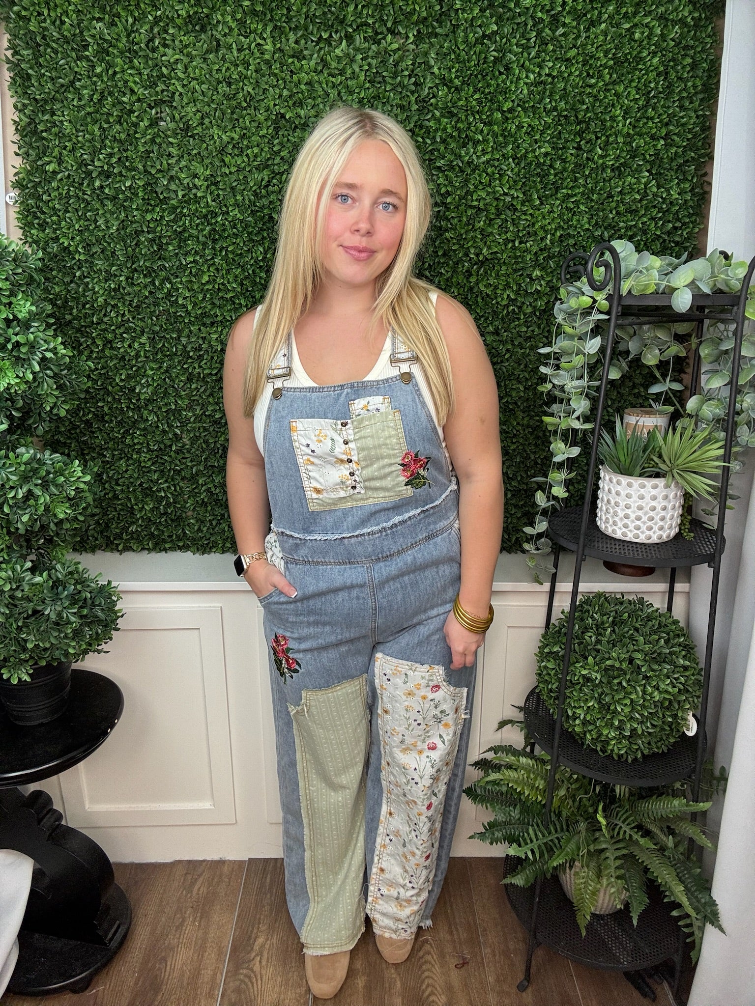 PATCHWORK DENIM FLORAL APPLIQUÉ OVERALLS - DENIM