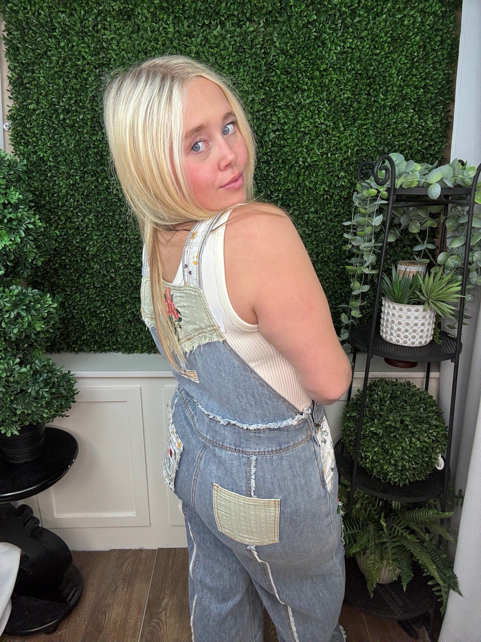 PATCHWORK DENIM FLORAL APPLIQUÉ OVERALLS - DENIM
