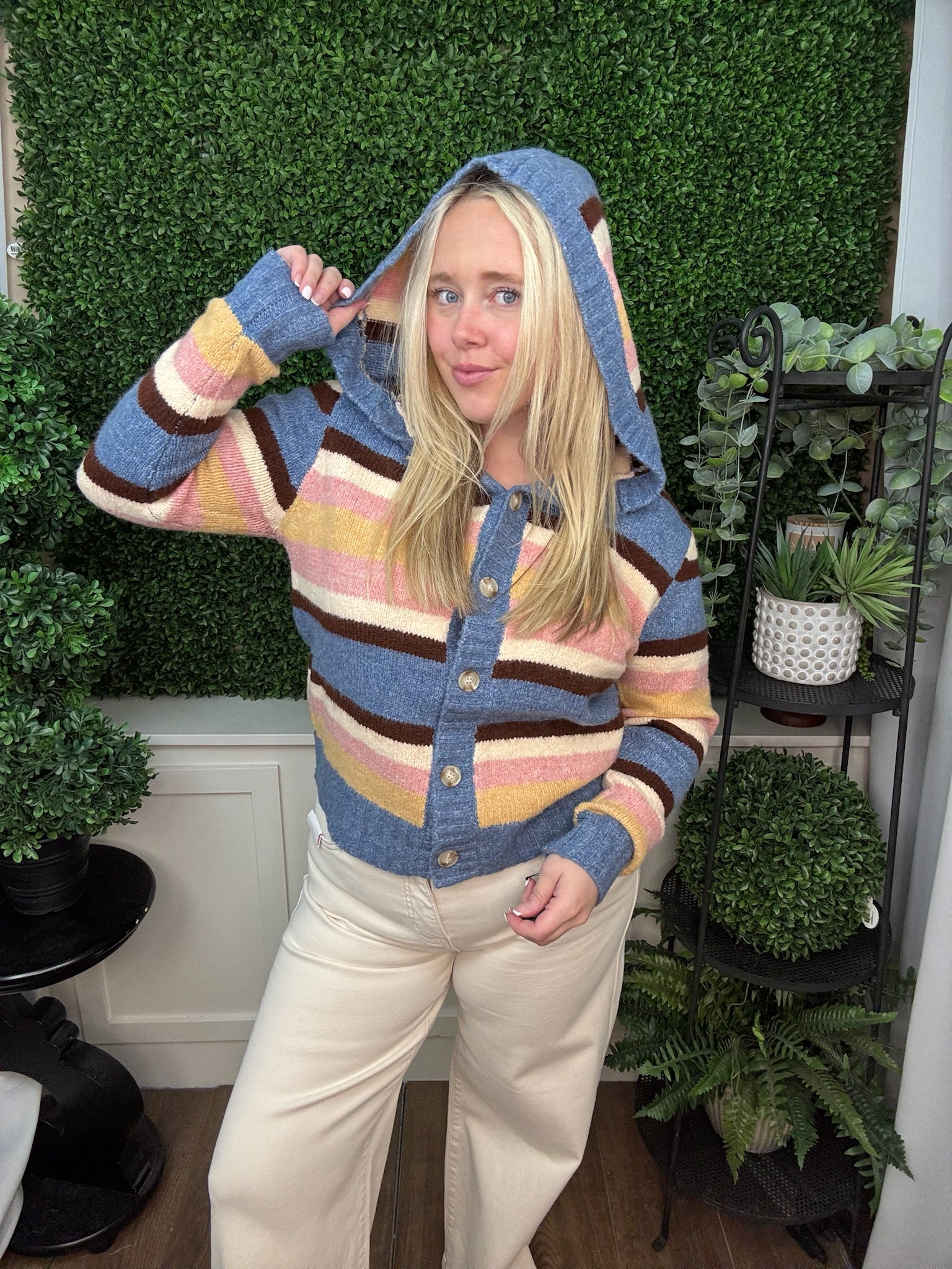 Multi Color Block Hooded Button Down Cardigan