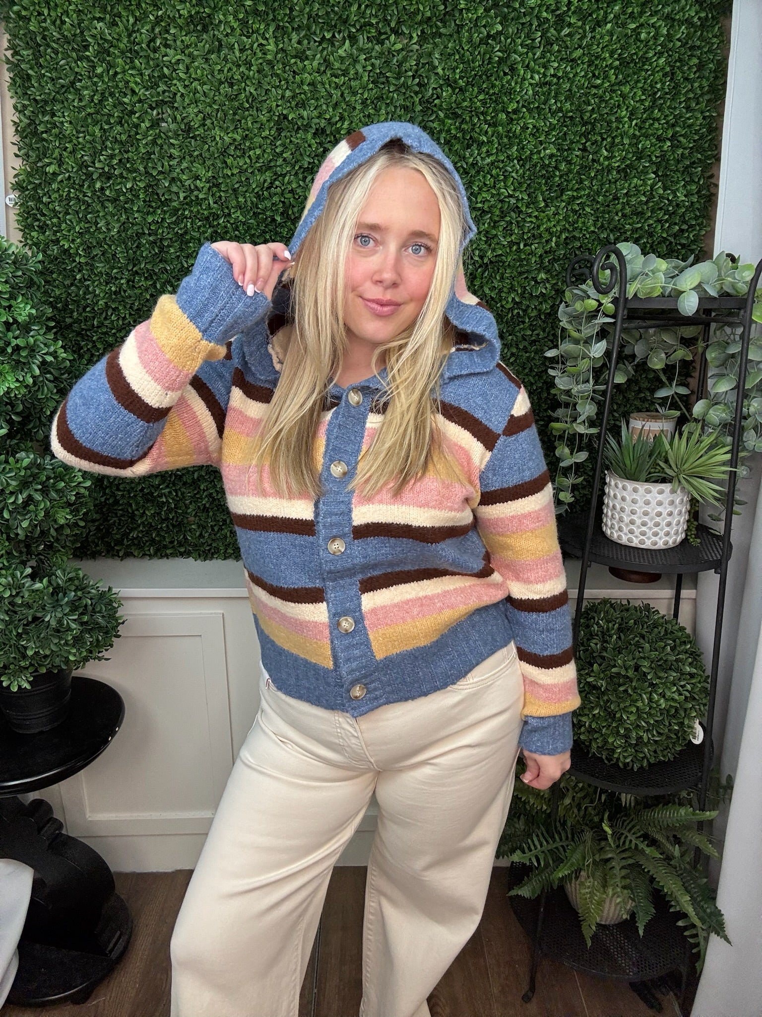 Multi Color Block Hooded Button Down Cardigan