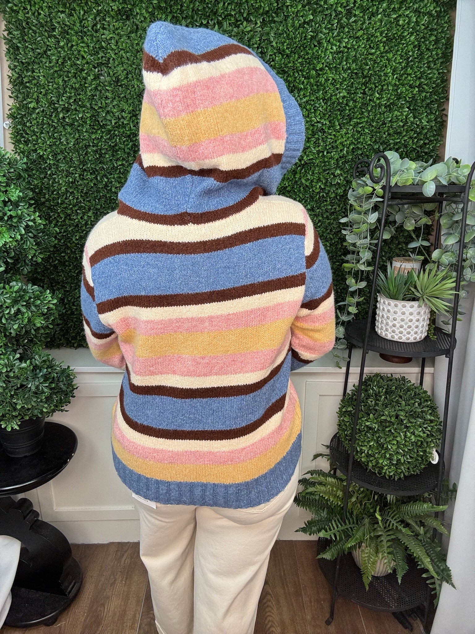Multi Color Block Hooded Button Down Cardigan