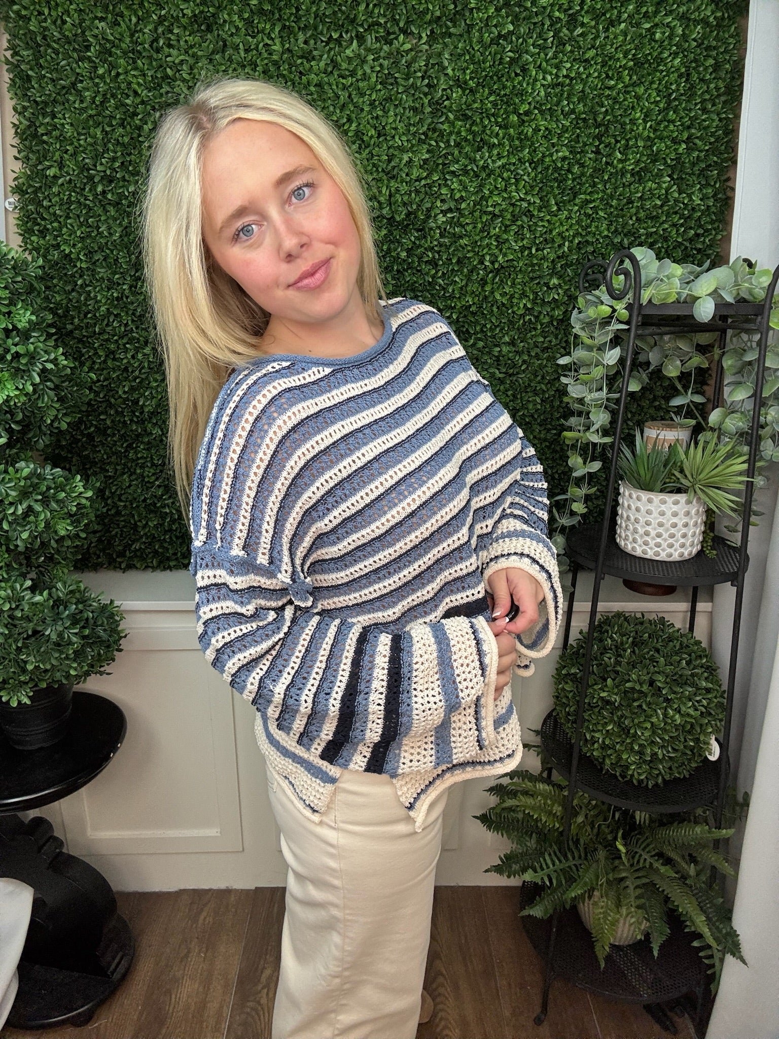 STRIPED CROCHET KNIT CREW NECK SWEATER - DARK DENIM