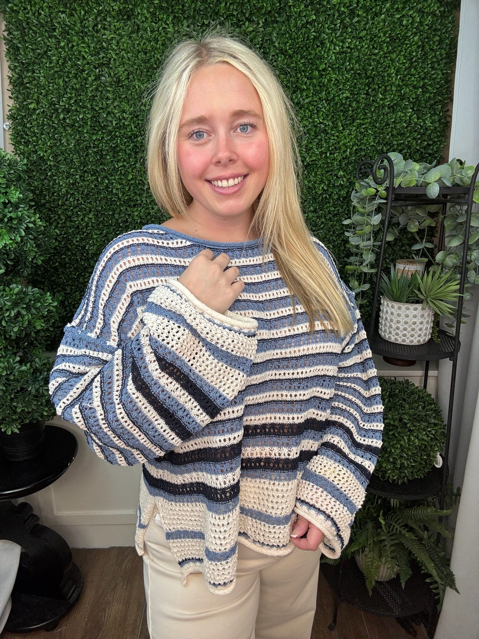 STRIPED CROCHET KNIT CREW NECK SWEATER - DARK DENIM