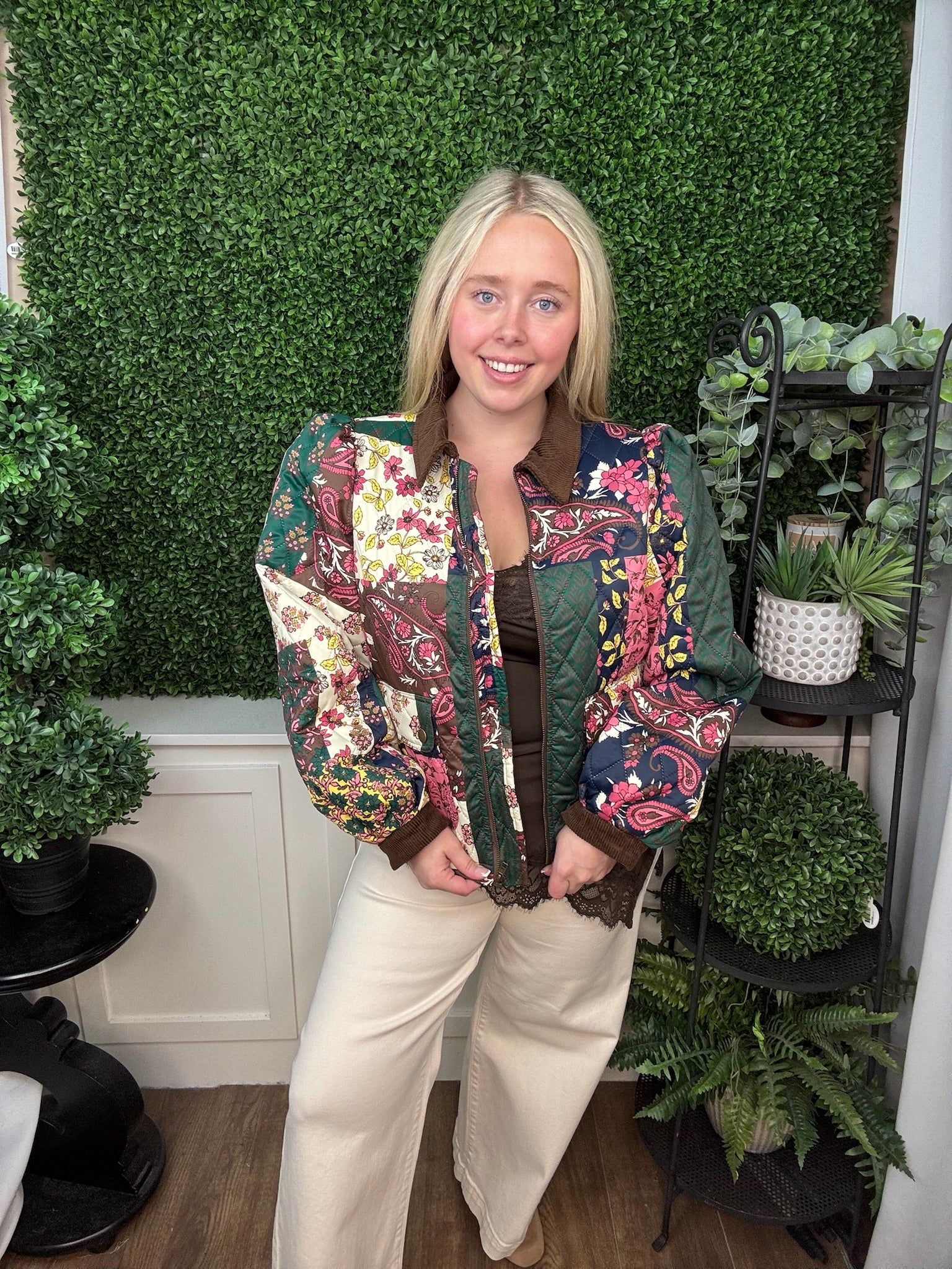 PATCHWORK PRINT QUILTED BOMBER JACKET WITH FRONT POCKETS - BROWN