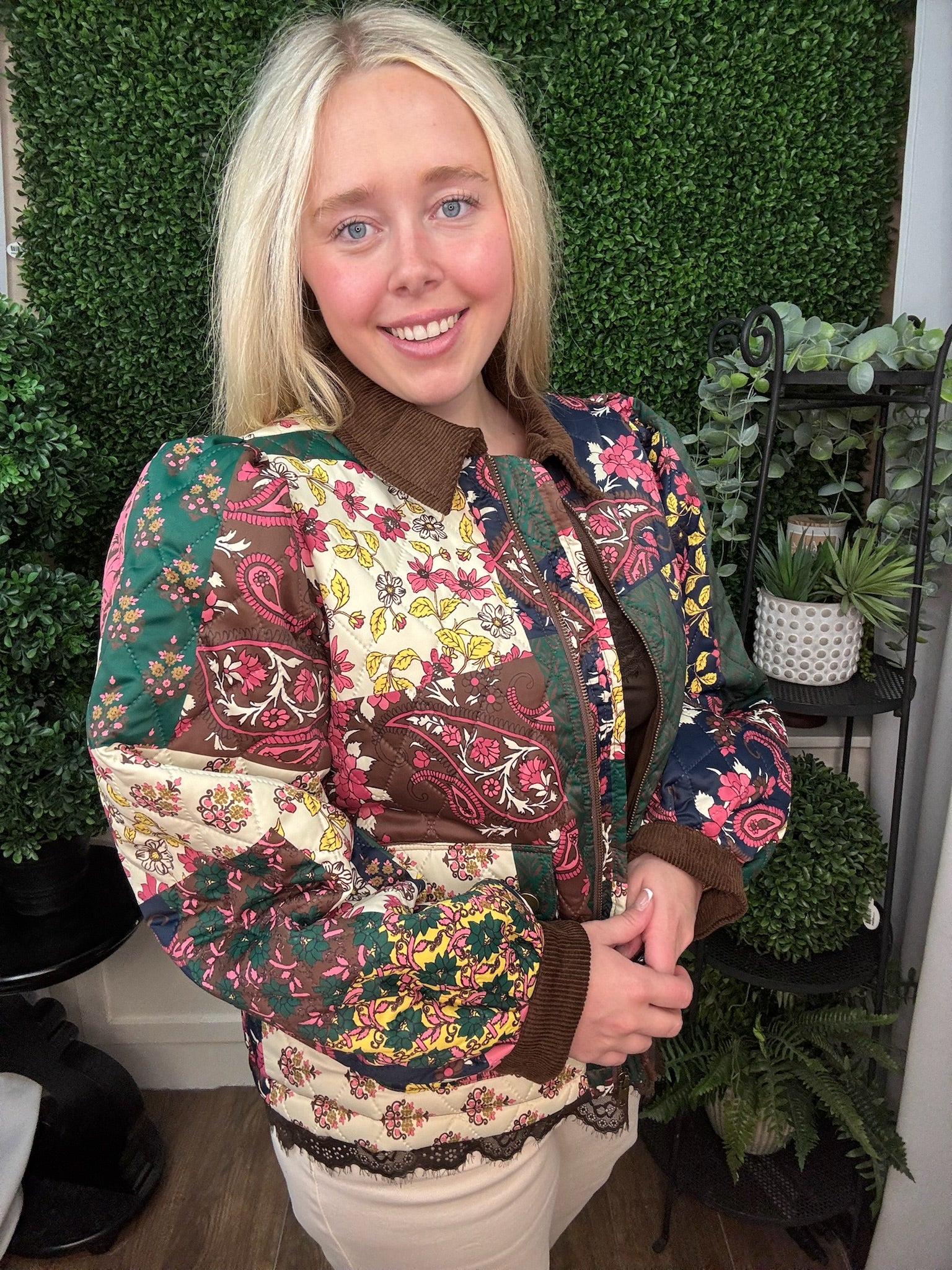 PATCHWORK PRINT QUILTED BOMBER JACKET WITH FRONT POCKETS - BROWN