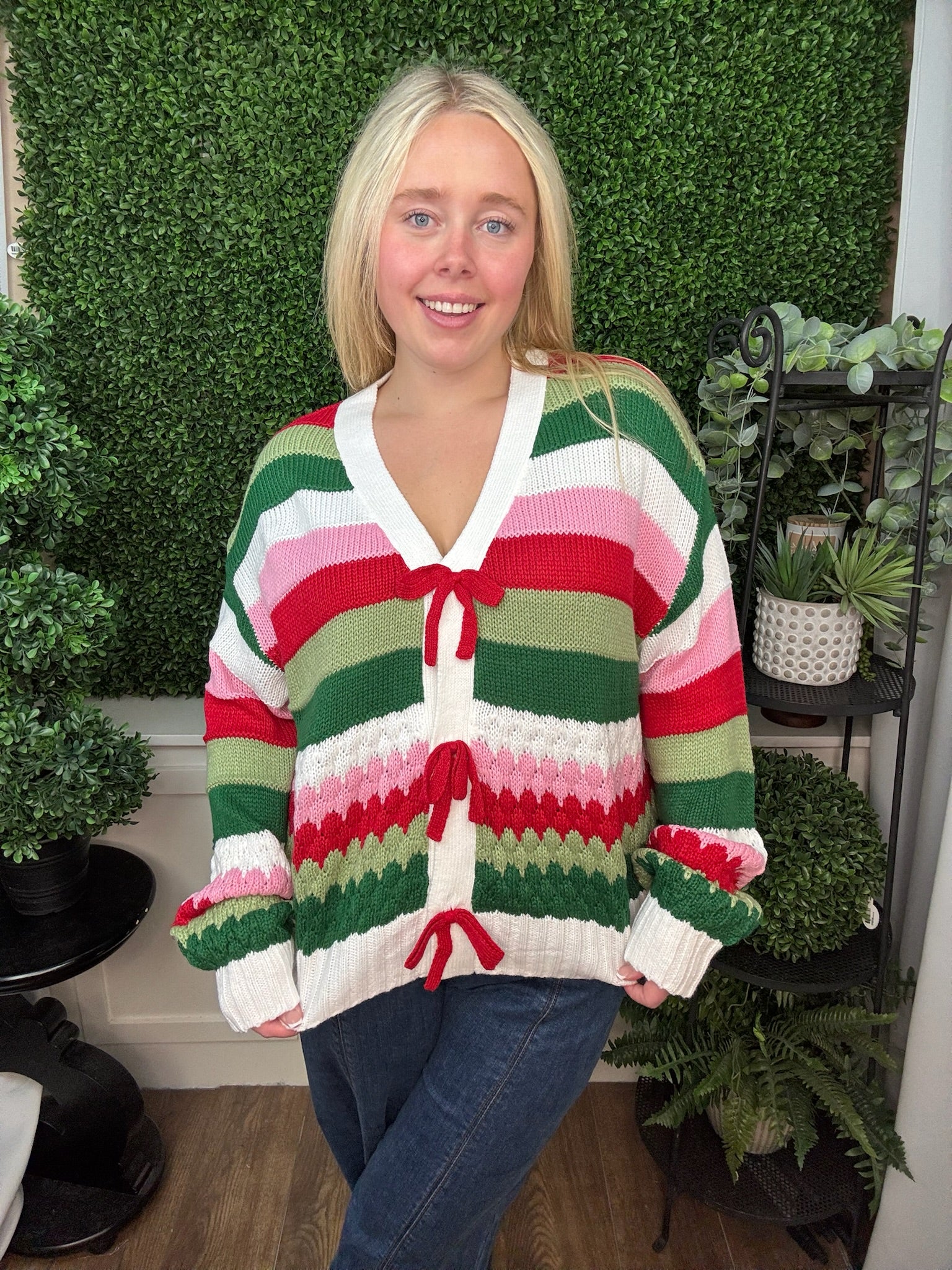 HOLIDAY RIBBON TIE STRIPE CARDIGAN SWEATER - MULTI