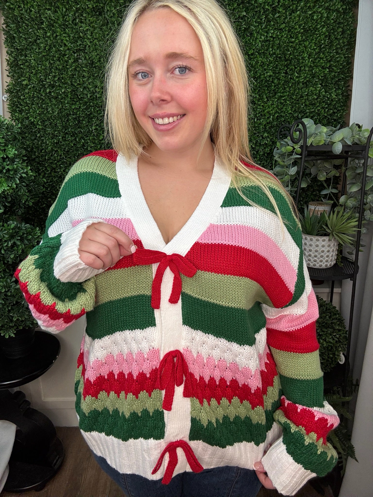 HOLIDAY RIBBON TIE STRIPE CARDIGAN SWEATER - MULTI