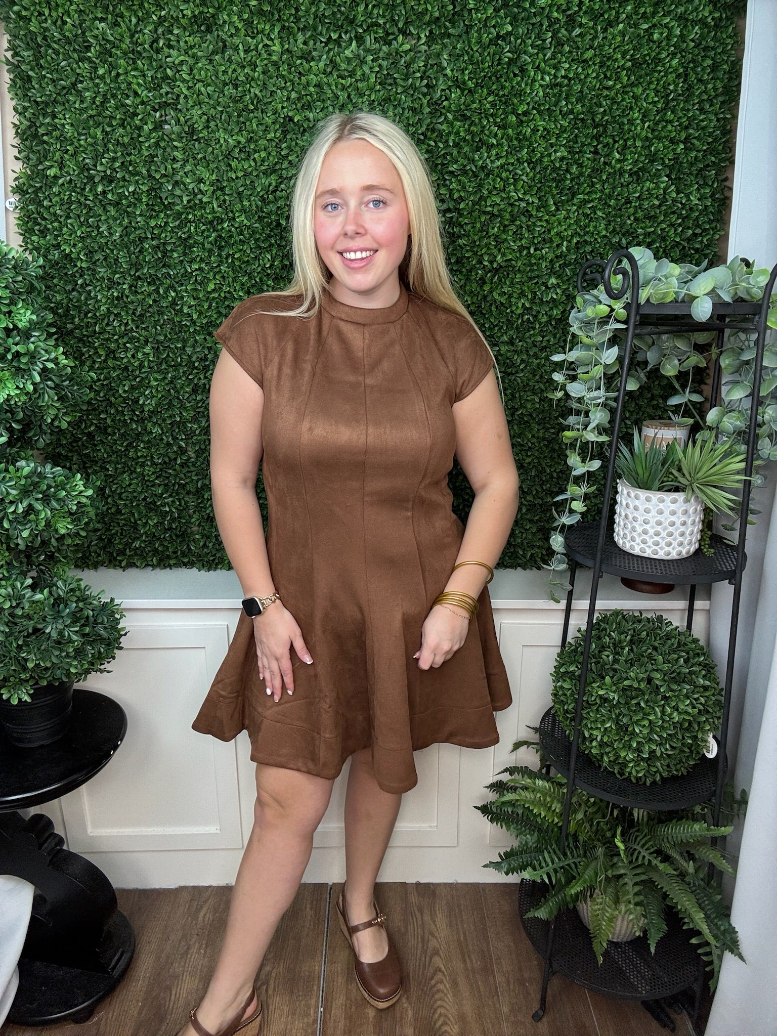 High Neck Cap Sleeve Fit & Flare Faux Suede Dress - Brown