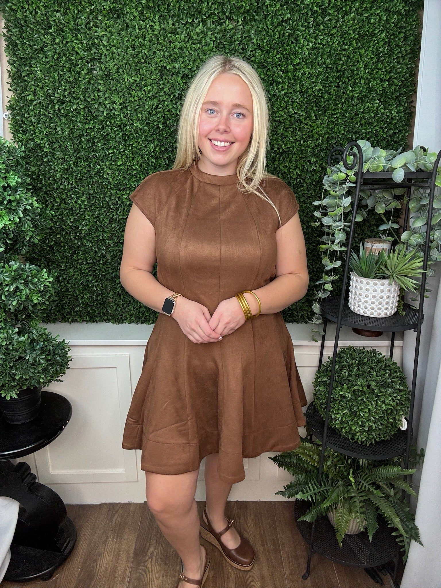 High Neck Cap Sleeve Fit & Flare Faux Suede Dress - Brown