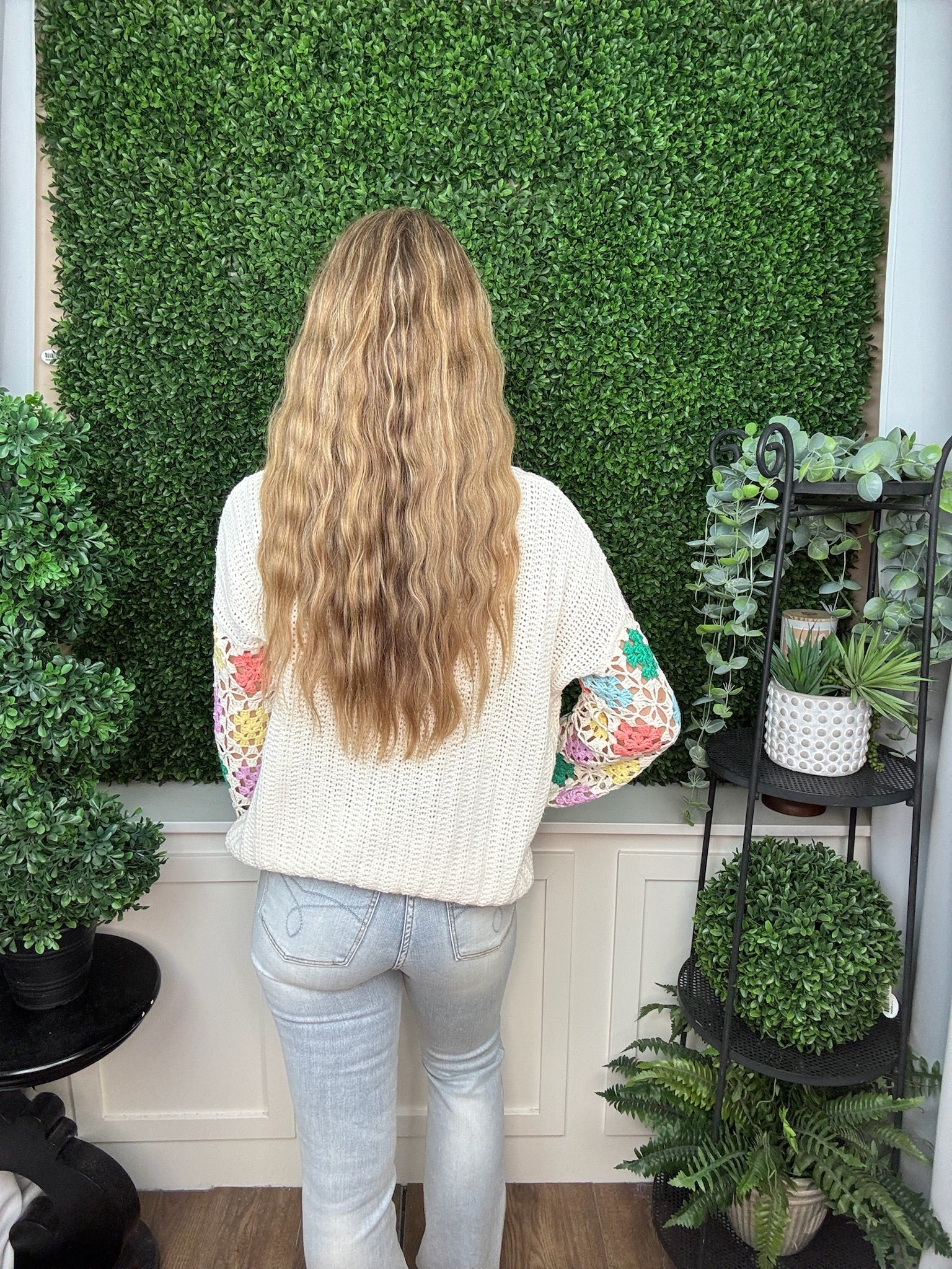 CROCHET V-NECK SWEATER WITH FLORAL PATCHWORK SLEEVES - IVORY MULTI