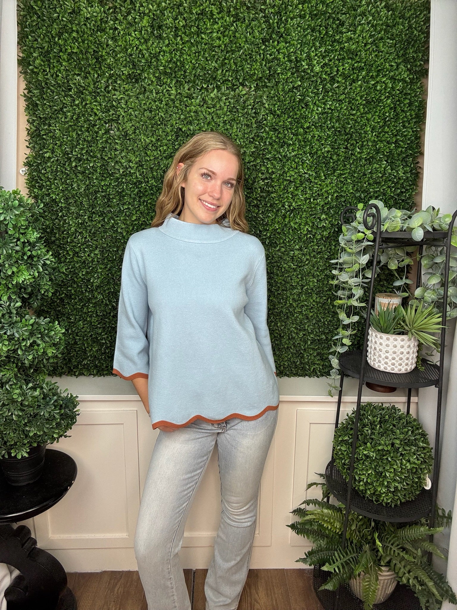 Scallop Edge Mock Neck Sweater Top