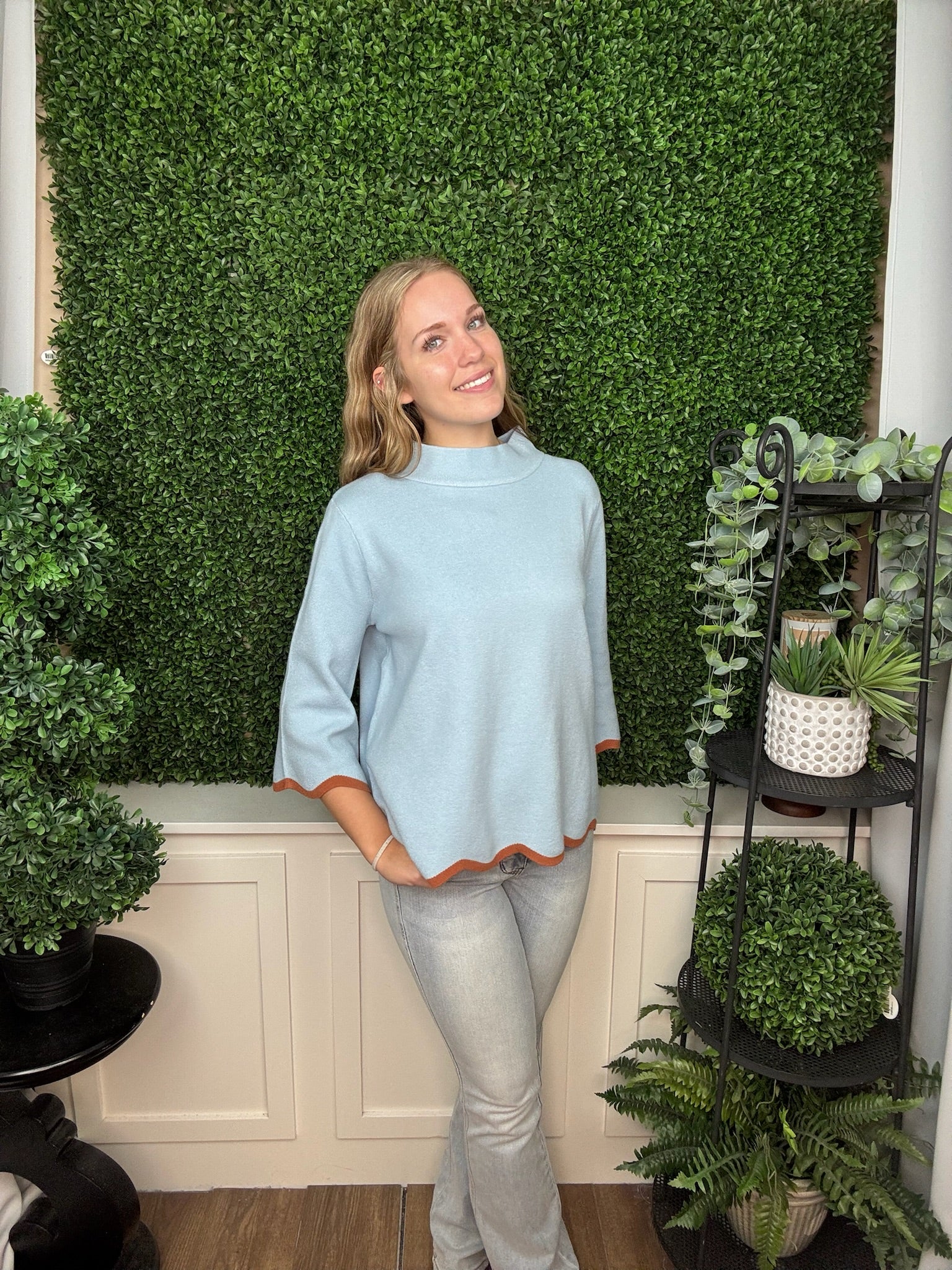 Scallop Edge Mock Neck Sweater Top