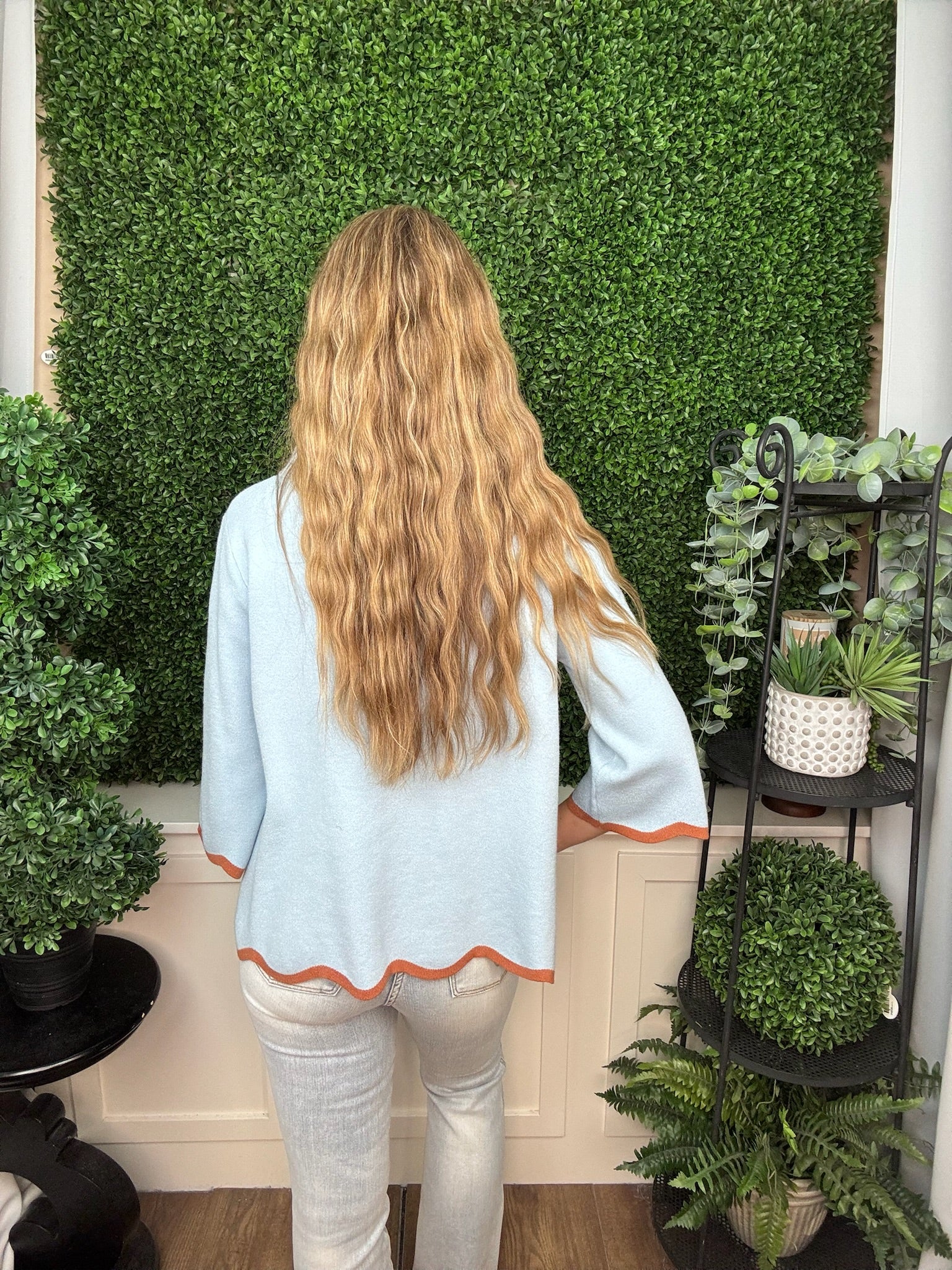 Scallop Edge Mock Neck Sweater Top