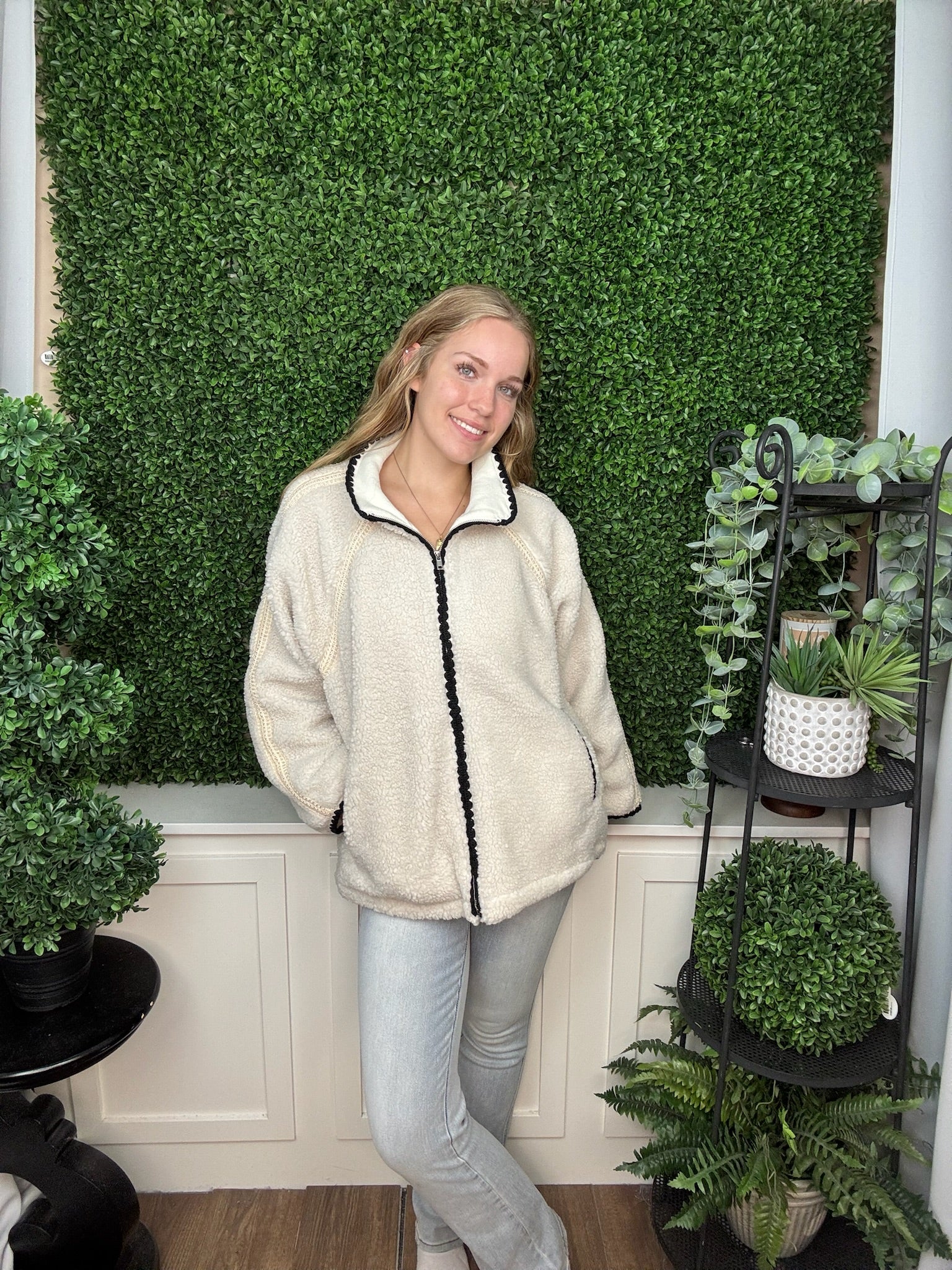 SHERPA LACE TRIM JACKET - BLACK/CREAM/TAN
