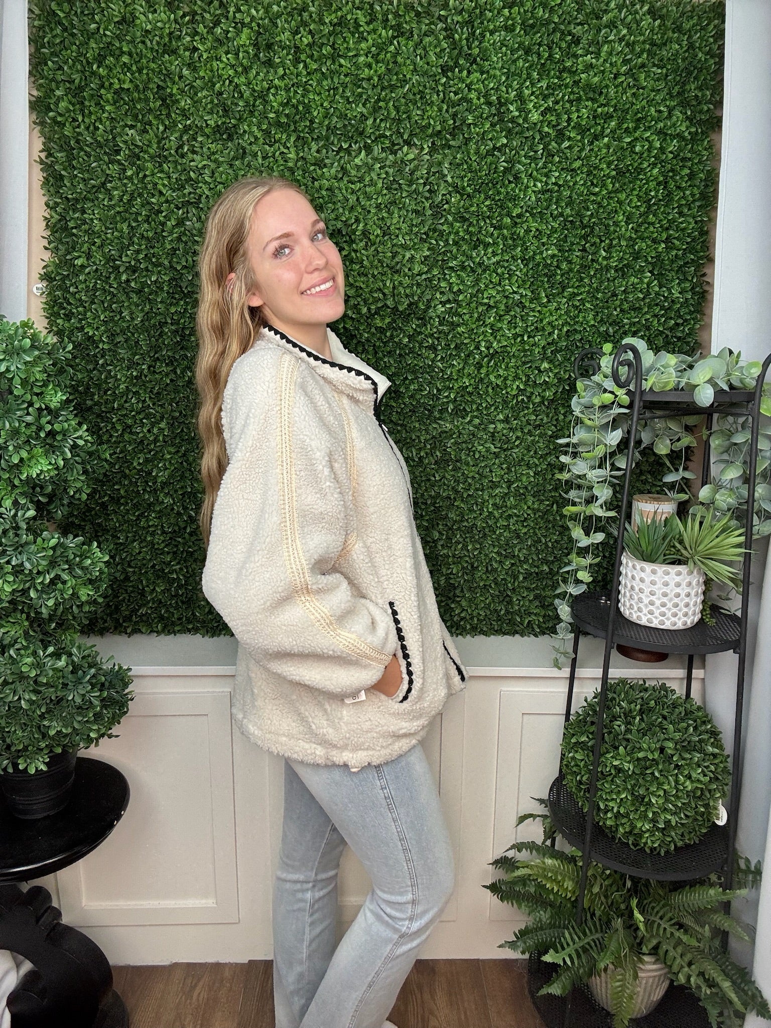 SHERPA LACE TRIM JACKET - BLACK/CREAM/TAN