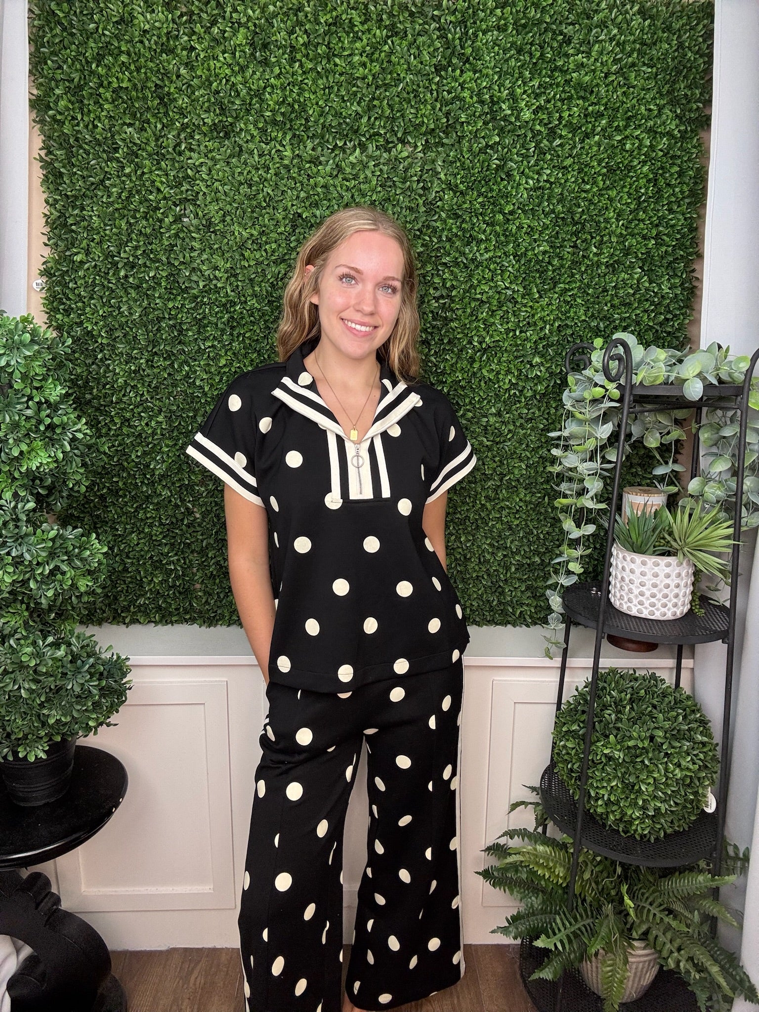WIDE LEG POLKA DOT PRINT PANTS - BLACK