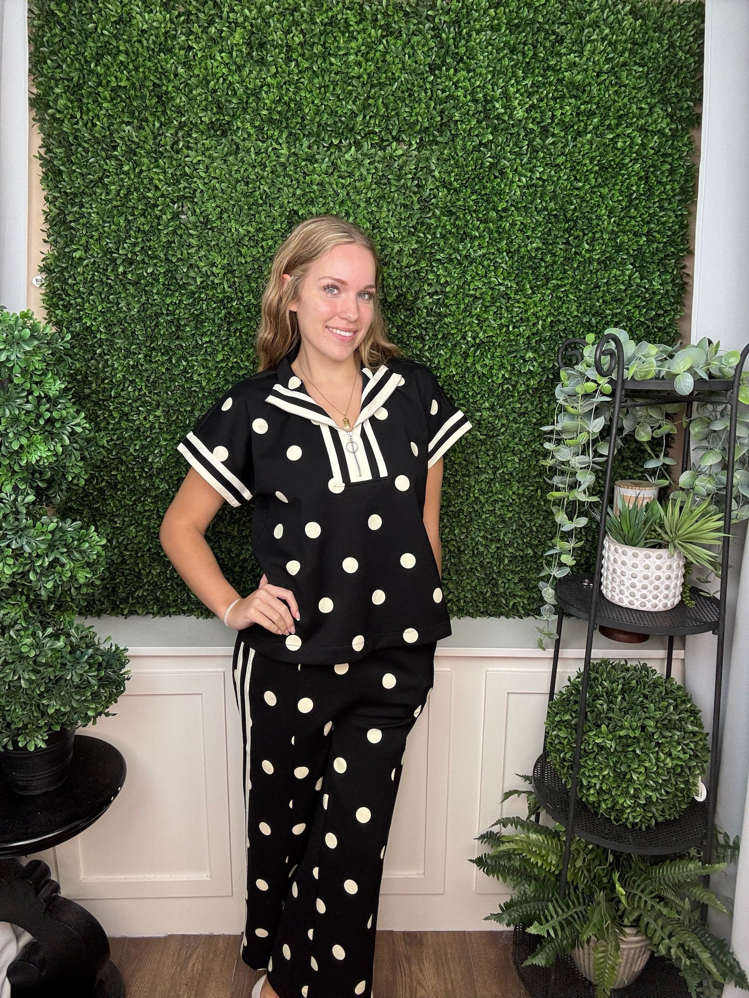WIDE LEG POLKA DOT PRINT PANTS - BLACK