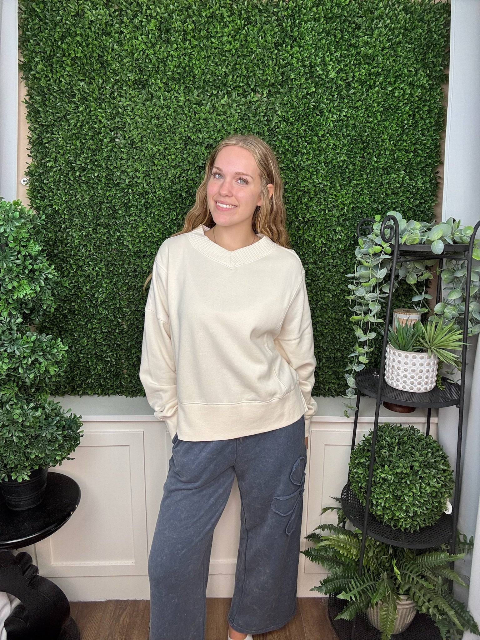 WIDE LEG DRAWSTRING LOUNGE PANTS - DENIM/OLIVE