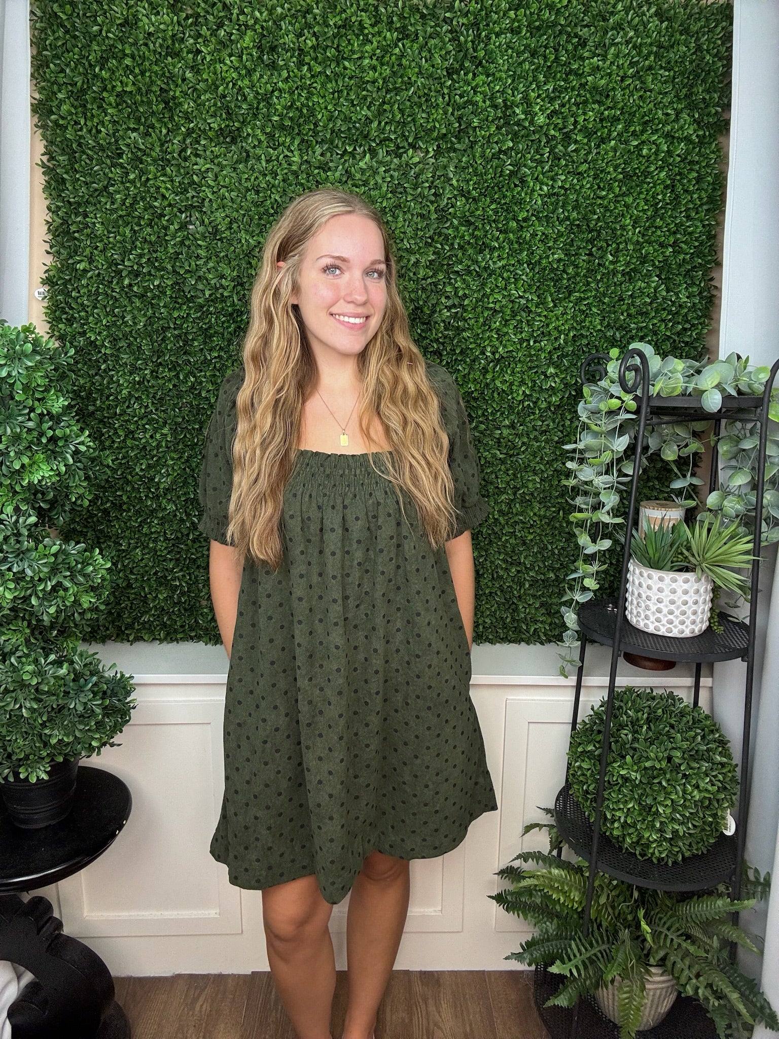 POLKA DOT SMOCKED NECK MINI DRESS - OLIVE/FOREST