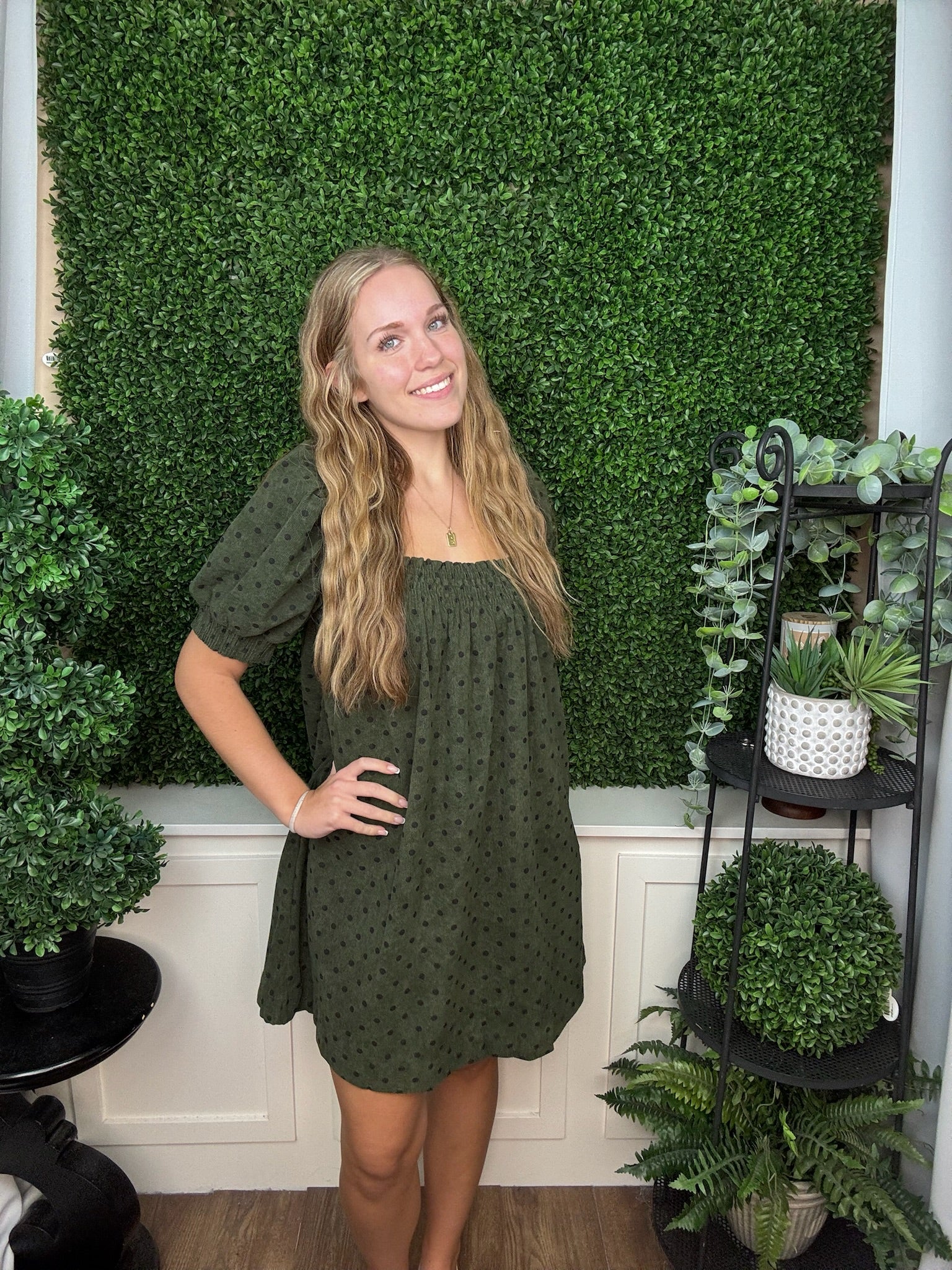 POLKA DOT SMOCKED NECK MINI DRESS - OLIVE/FOREST