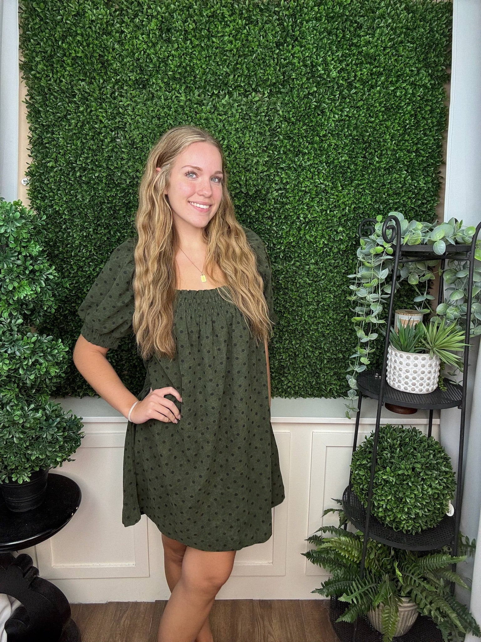 POLKA DOT SMOCKED NECK MINI DRESS - OLIVE/FOREST