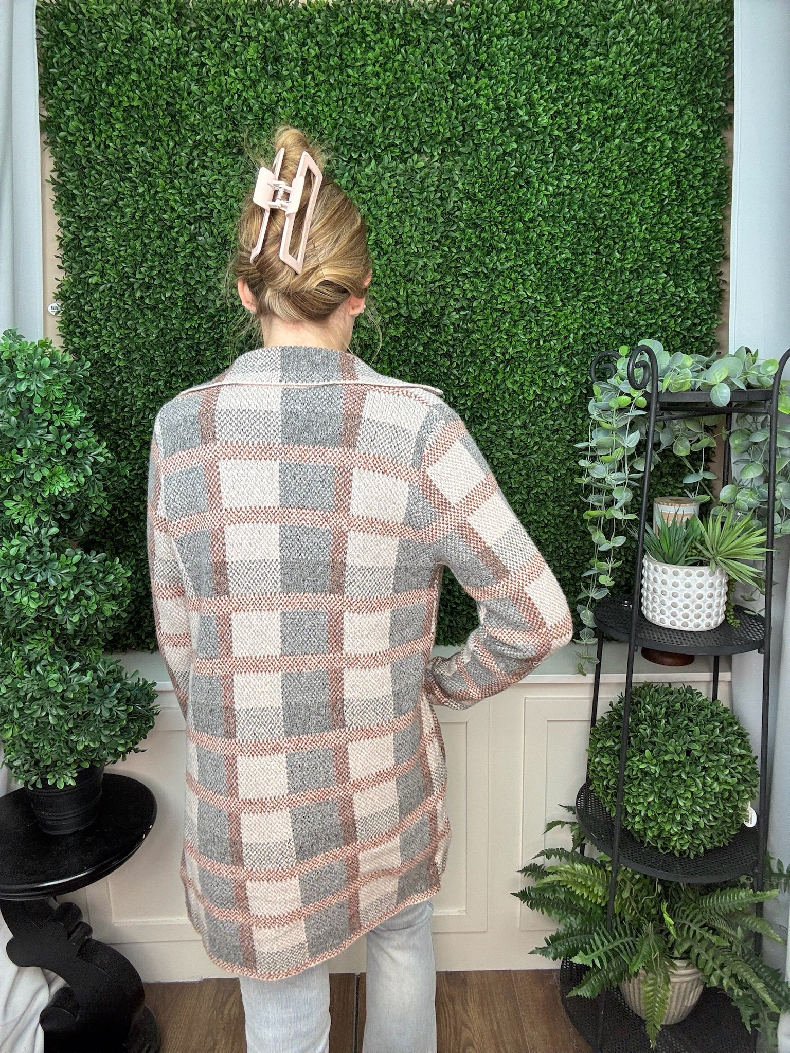 Plaid Knit Open Front Blazer Cardigan with Pockets