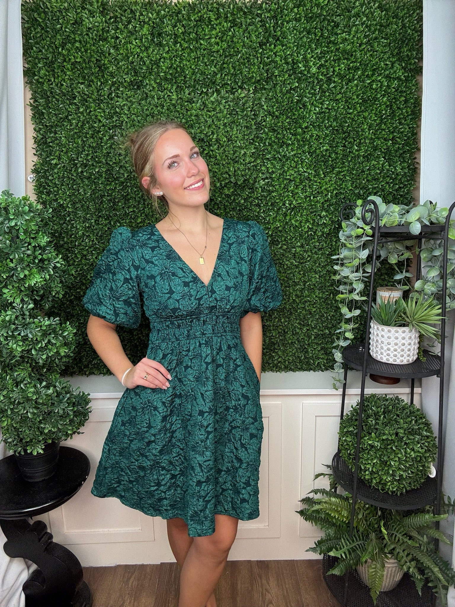 BALLOON SLEEVE PLUNGING NECK FLORAL PATTERN JACQUARD DRESS - SEA GREEN