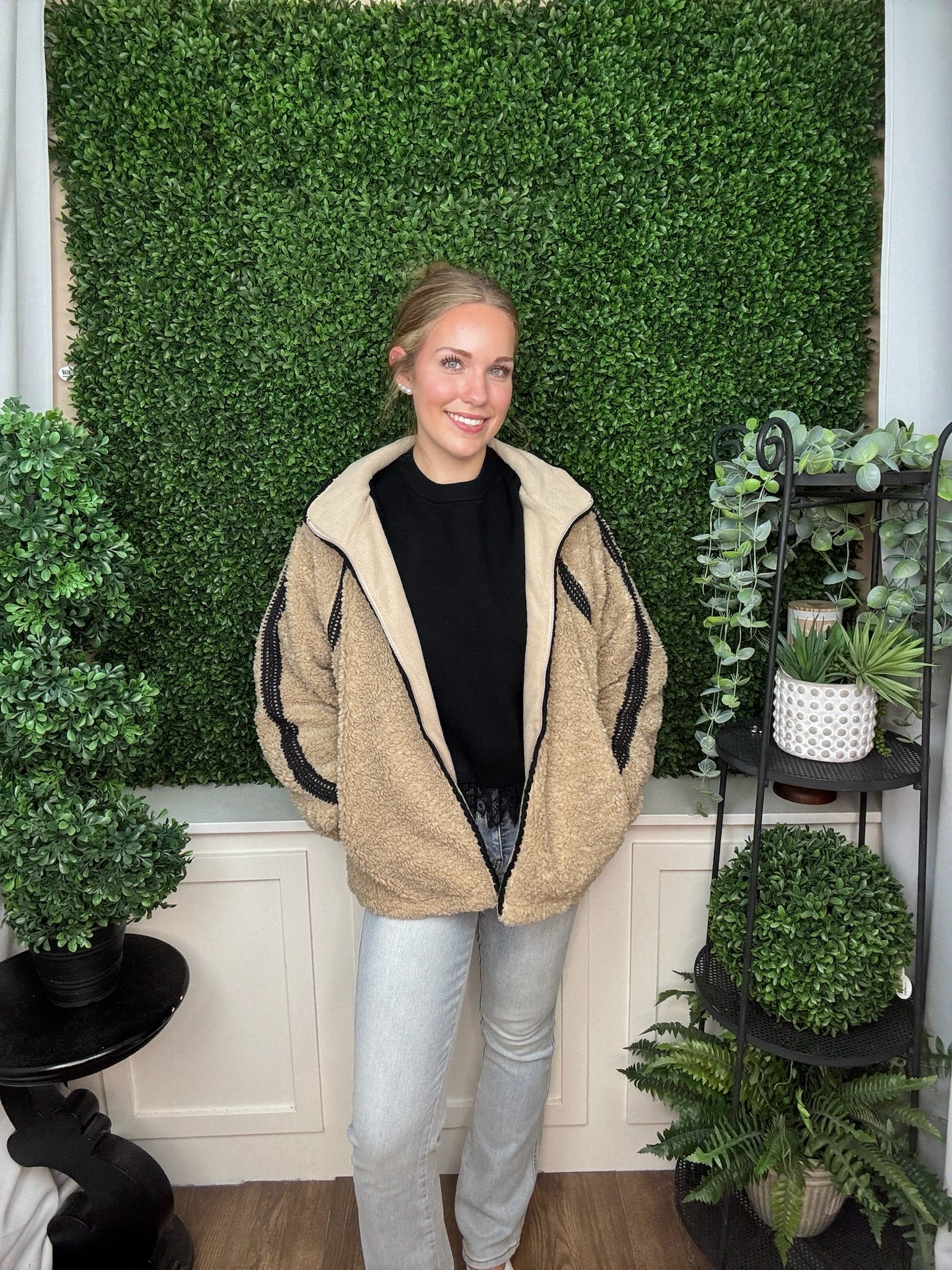 SHERPA LACE TRIM JACKET - BLACK/CREAM/TAN