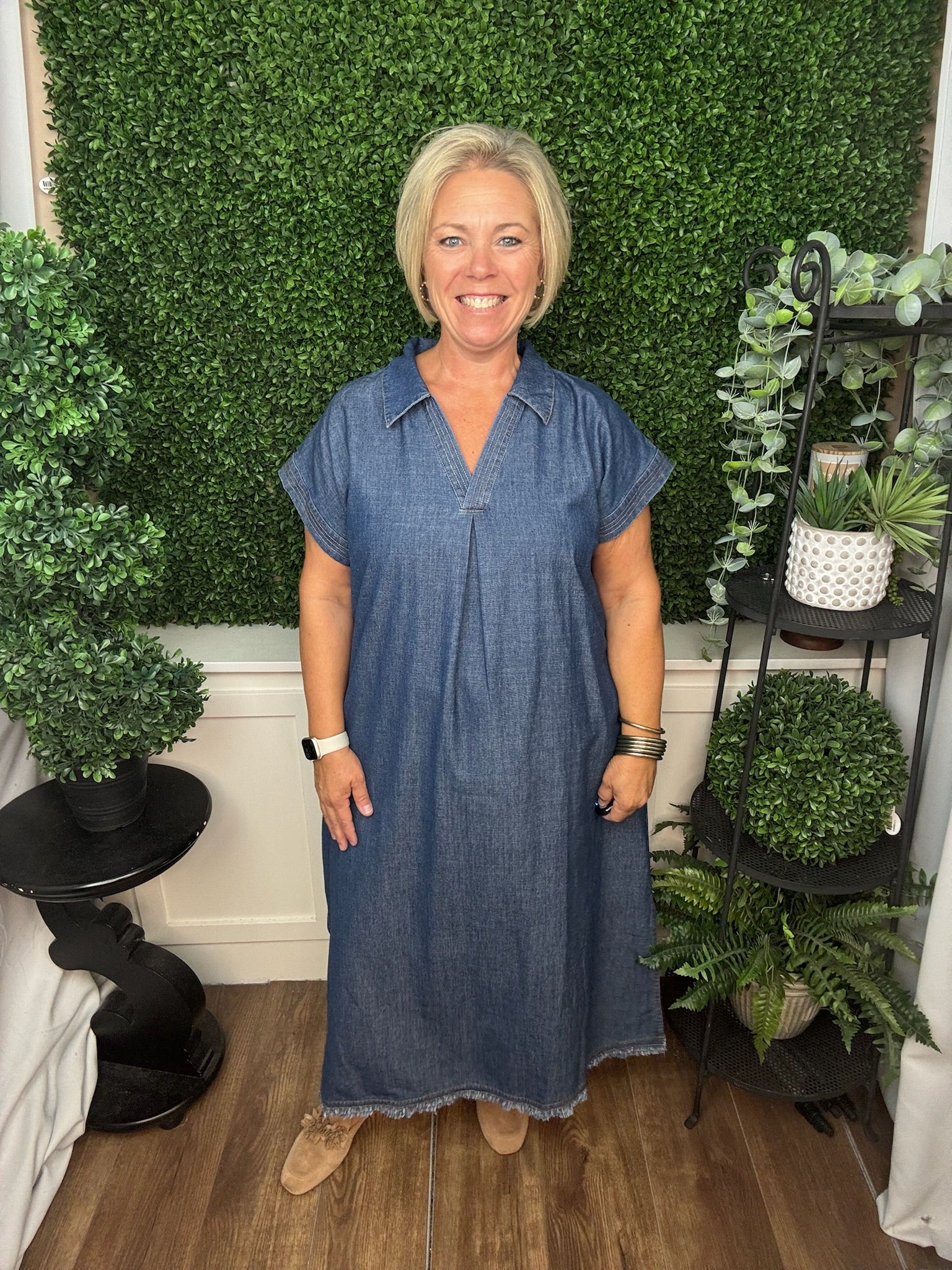 NO LINING STONE WASHED DENIM COLLARED MIDl DRESS - DENIM