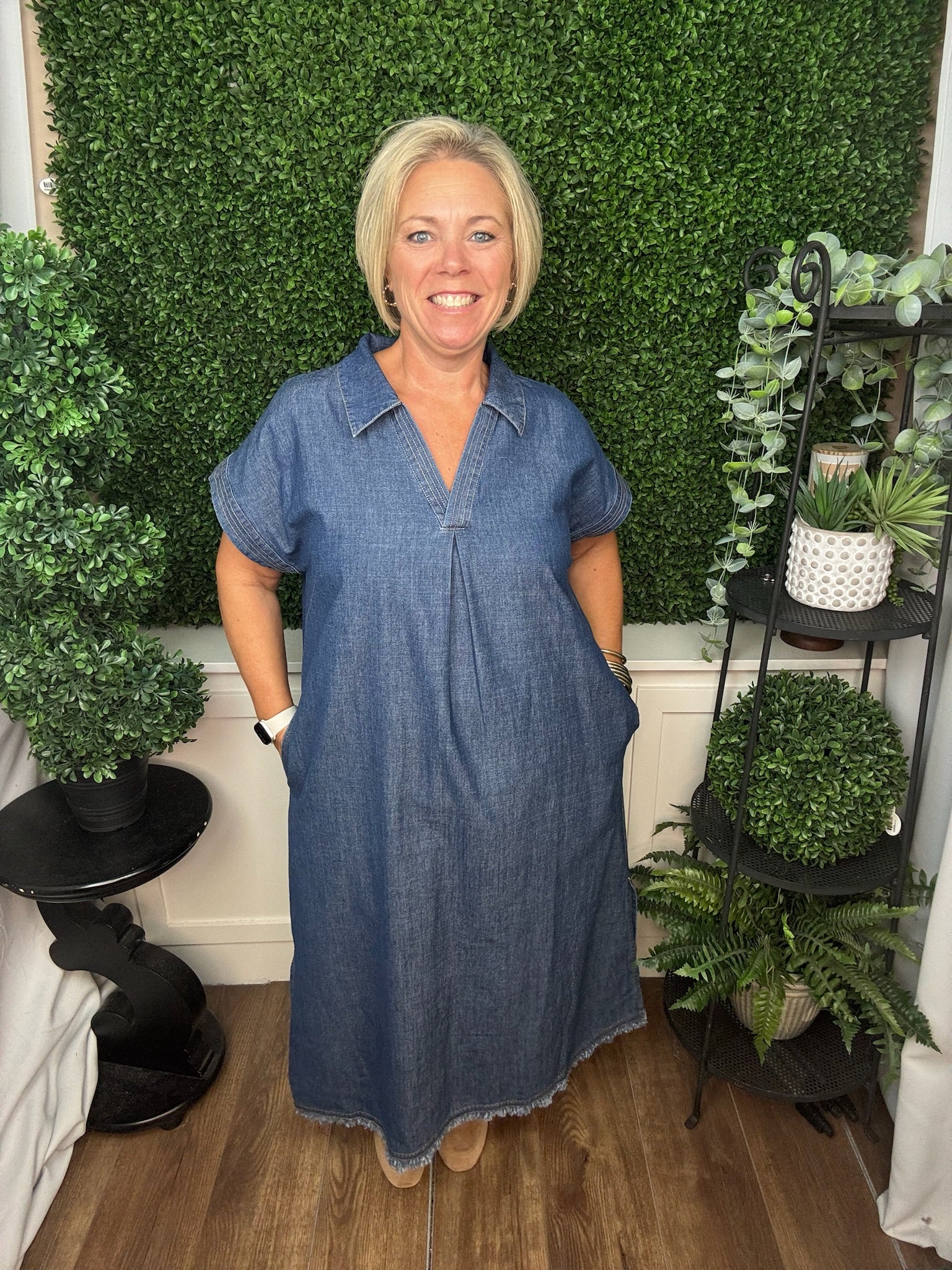 NO LINING STONE WASHED DENIM COLLARED MIDl DRESS - DENIM