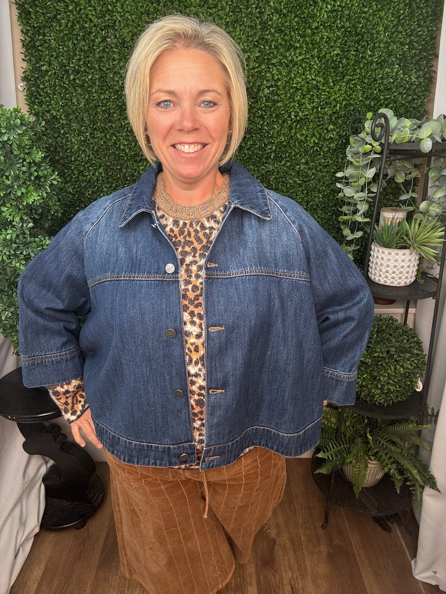 CROPPED DENIM CAPE JACKET WITH BUTTON FRONT - DARK