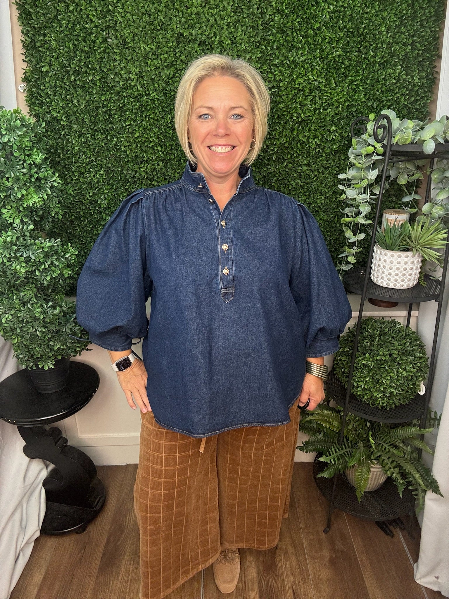 PUFF SLEEVE BUTTON DETAIL BLOUSE - DARK DENIM