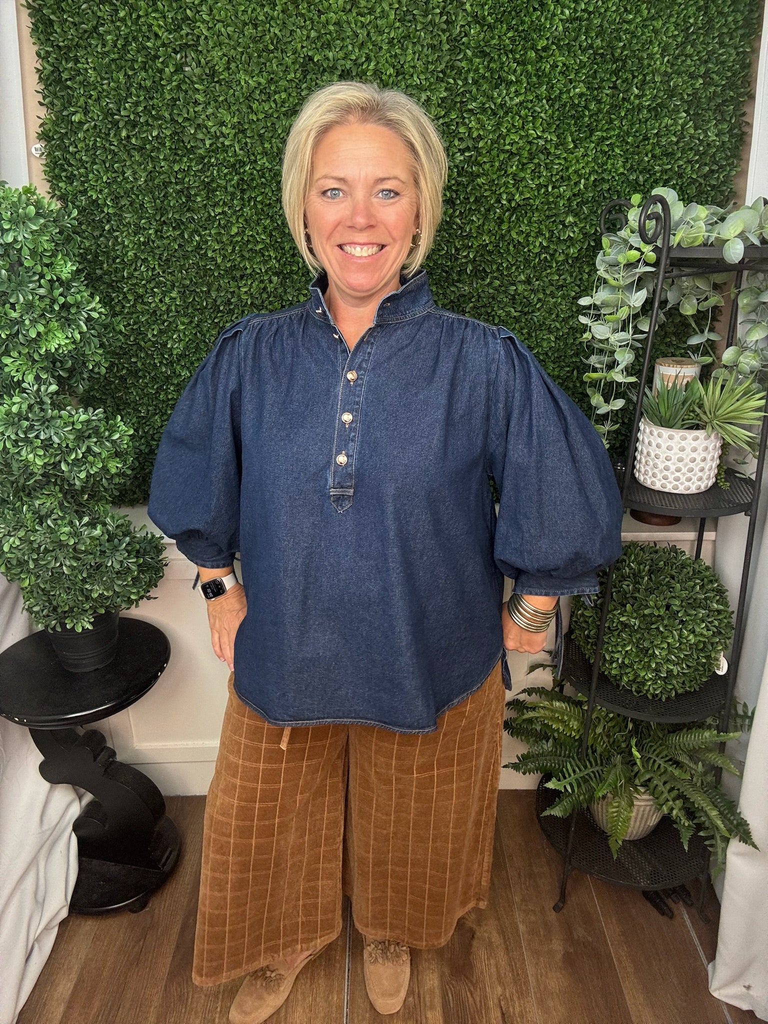 PUFF SLEEVE BUTTON DETAIL BLOUSE - DARK DENIM